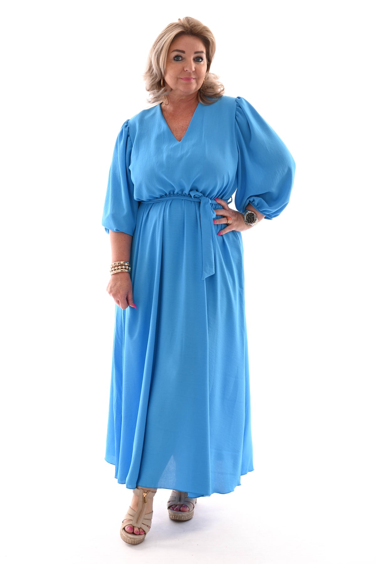 Lange jurk v-hals pofmouwen uni blauw
