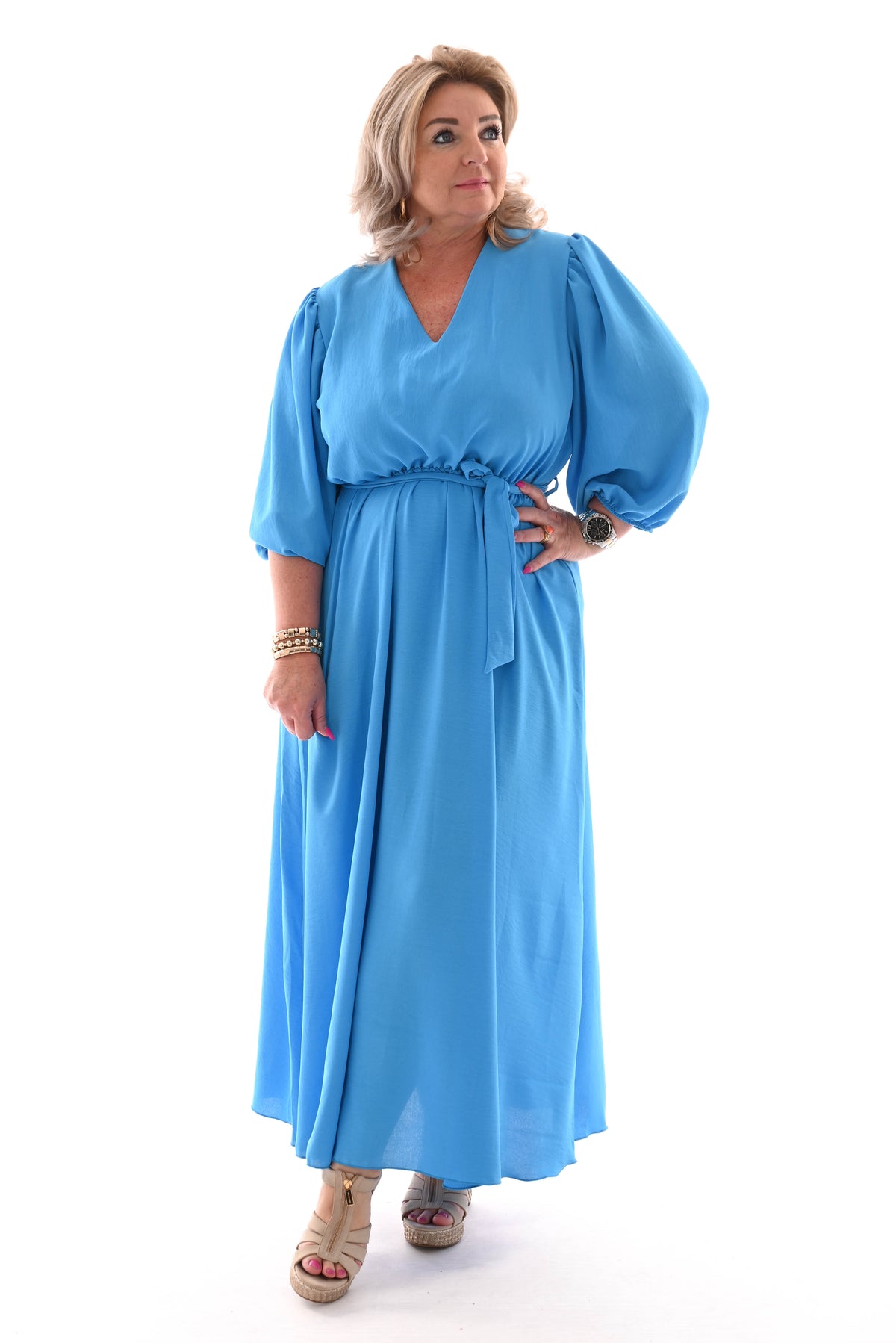 Lange jurk v-hals pofmouwen uni blauw
