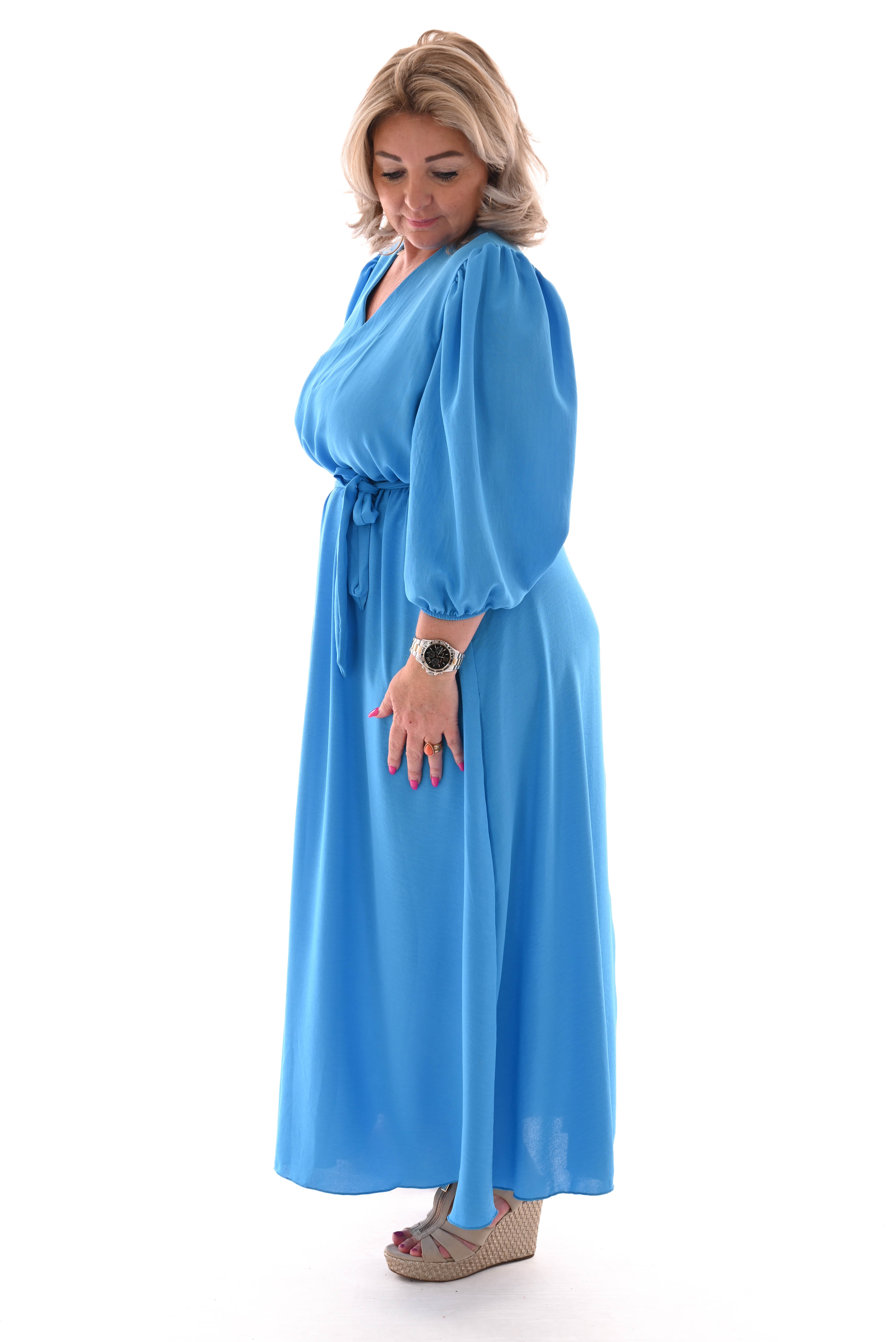 Lange jurk v-hals pofmouwen uni blauw