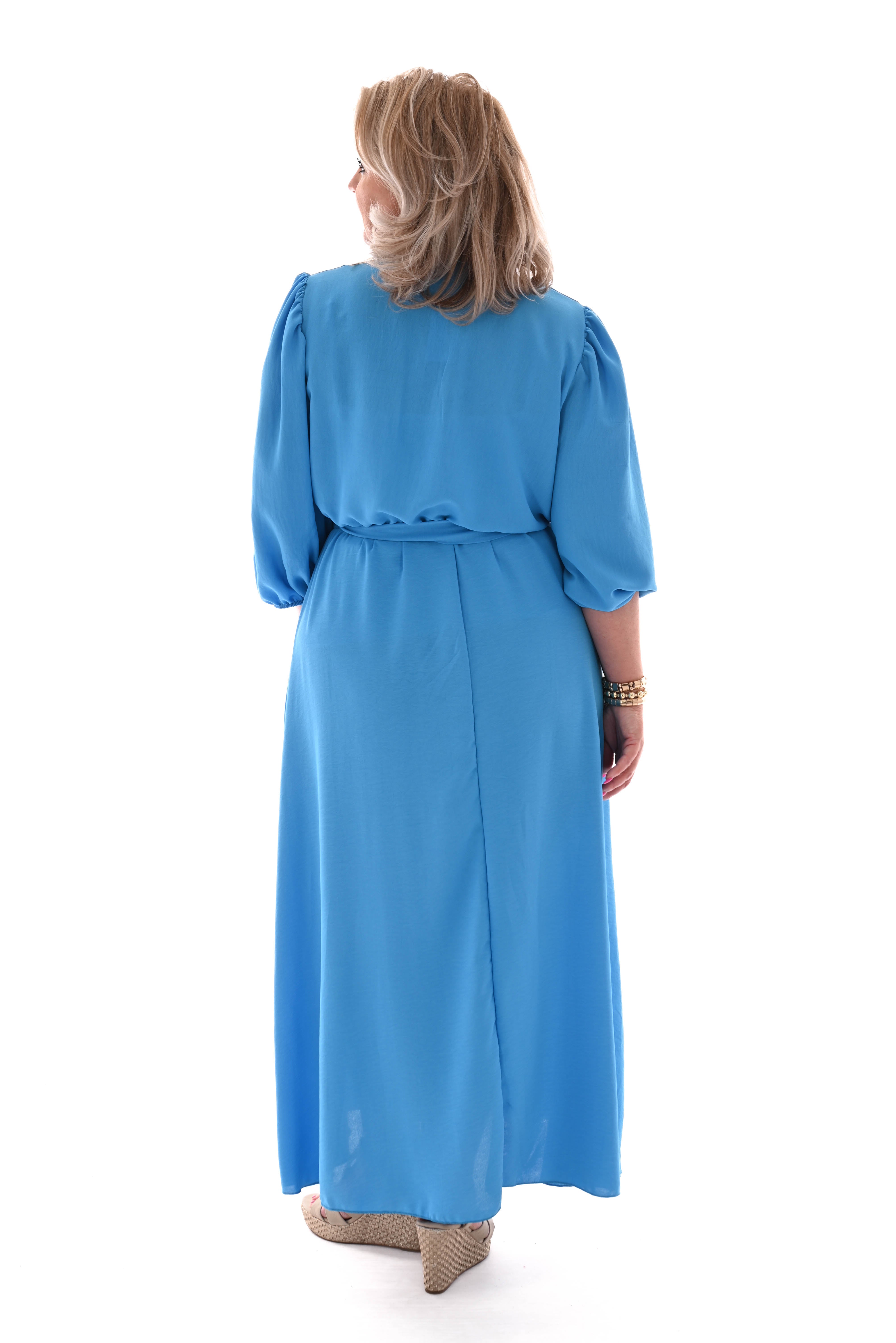 Lange jurk v-hals pofmouwen uni blauw