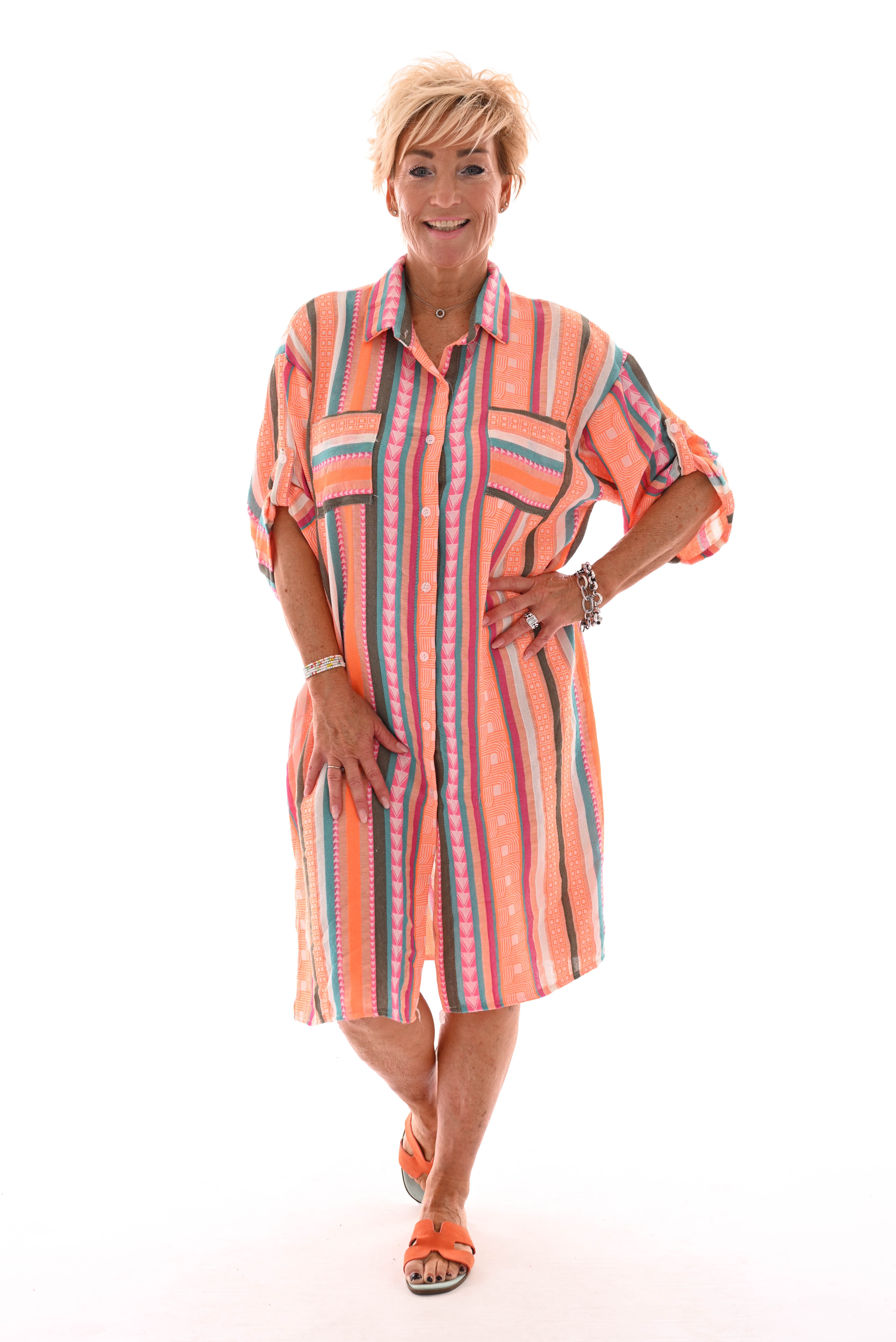 Doorknoop jurk Aztec oranje/legergroen