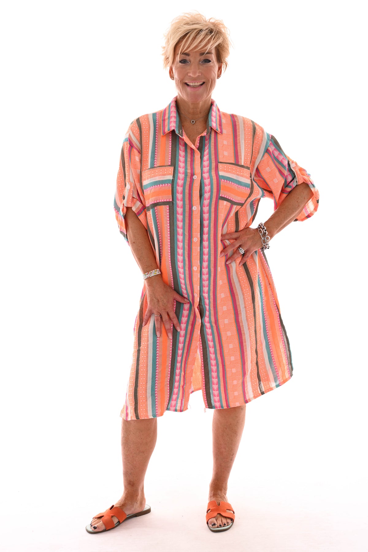 Doorknoop jurk Aztec oranje/legergroen