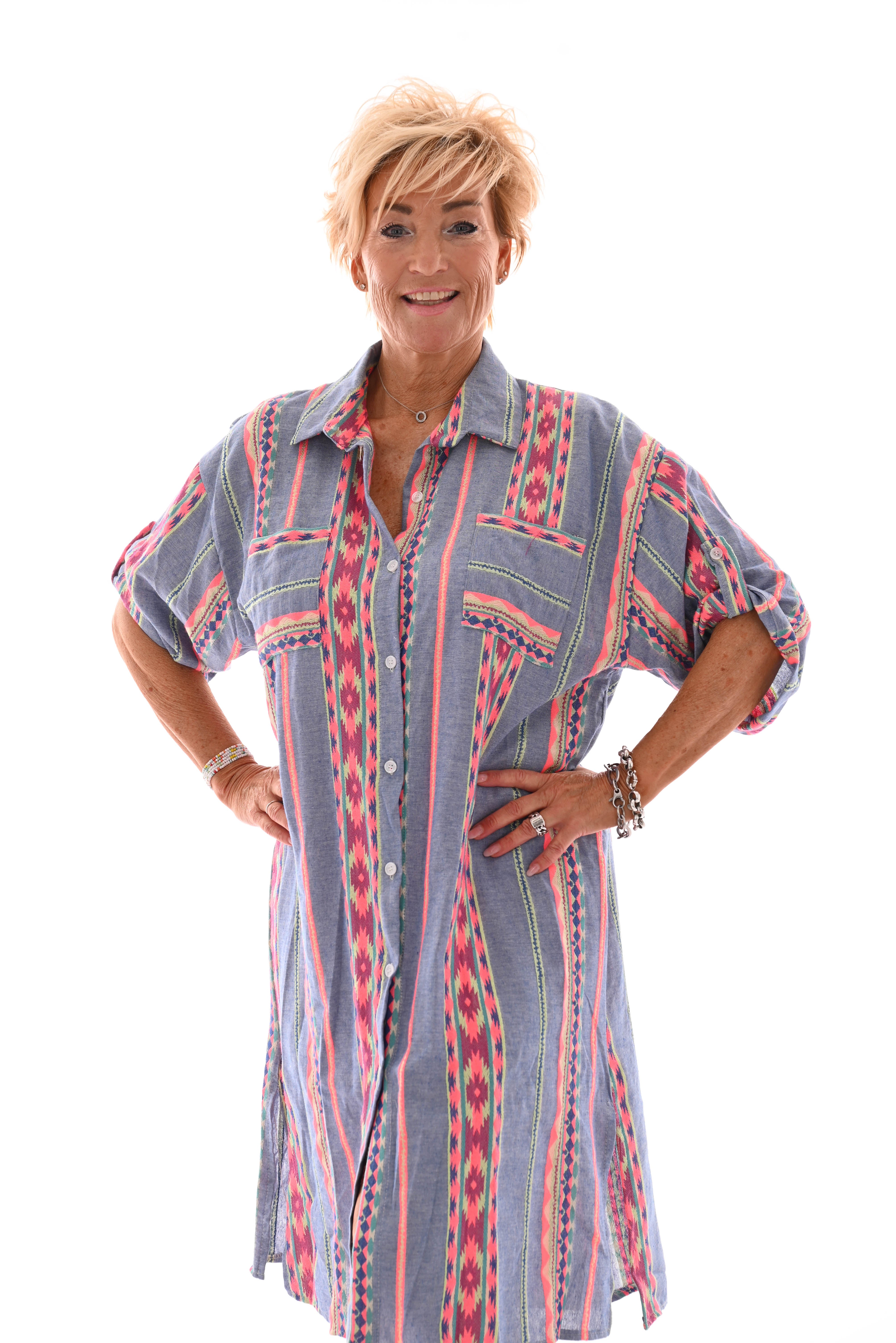 Doorknoop jurk Aztec jeansblauw/felroze