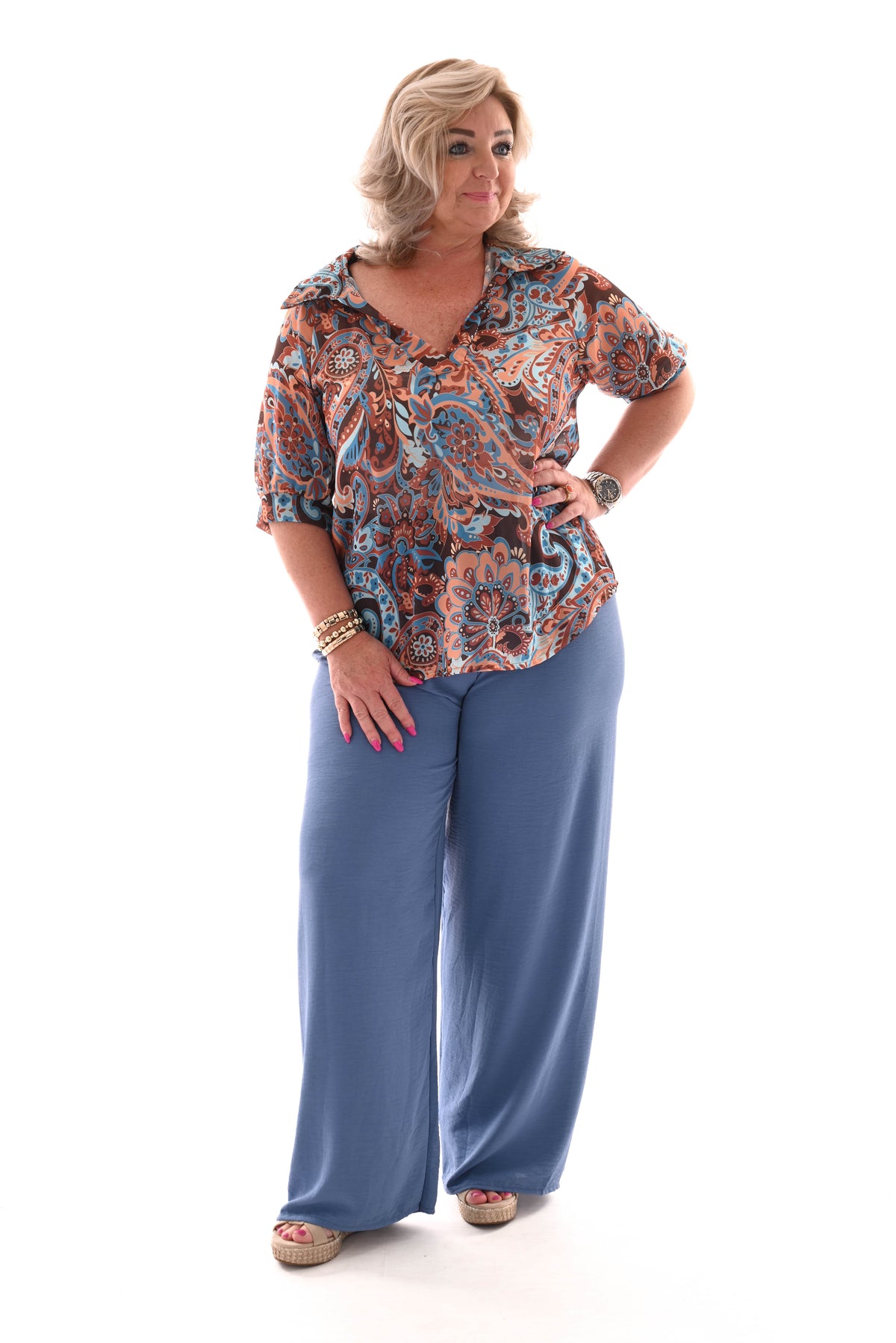 Wijde broek uni jeansblauw