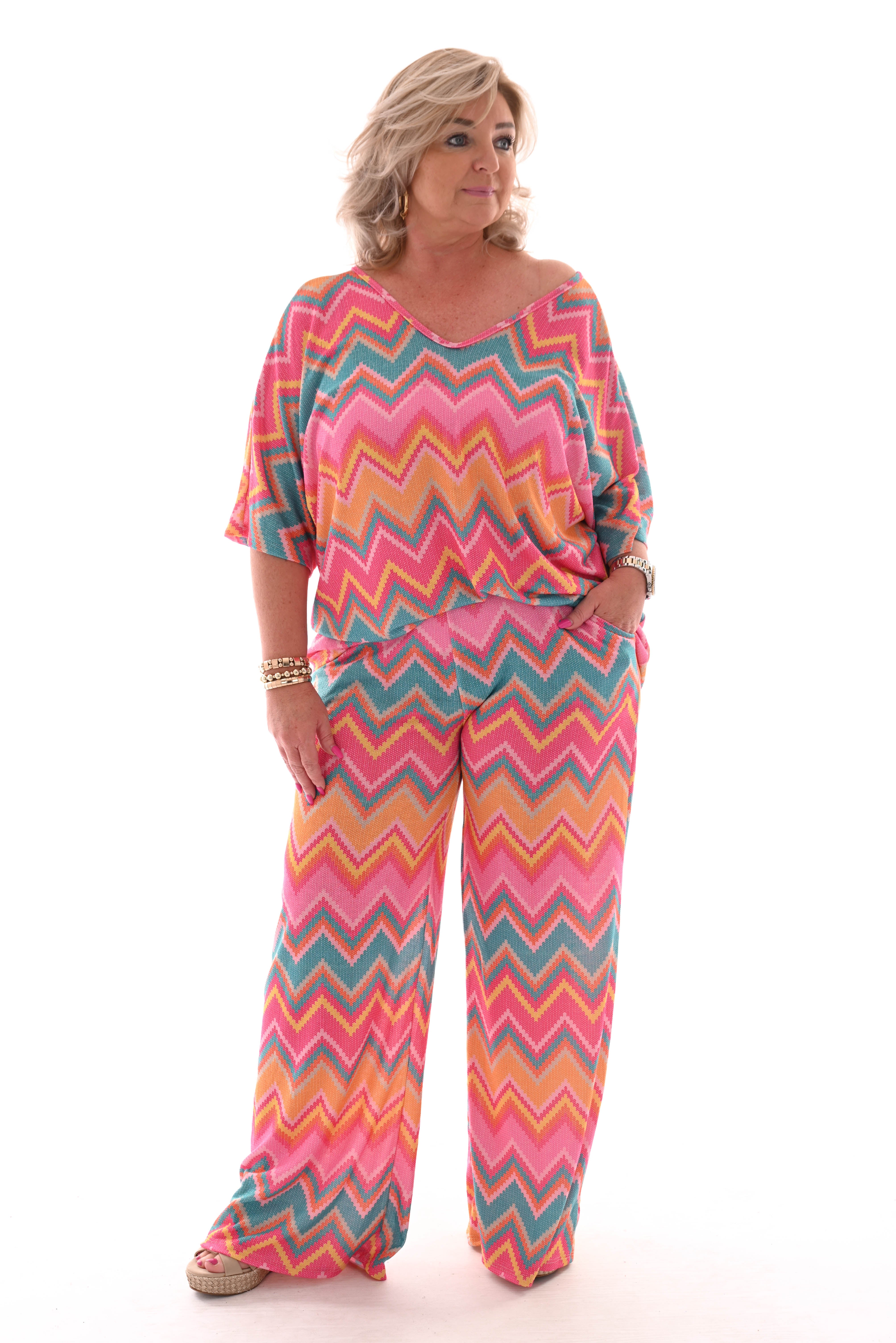 Tweedelig set zigzag roze/turquoise