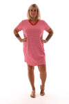 Korte sweaterdress gestreept v-hals lichtroze/rood