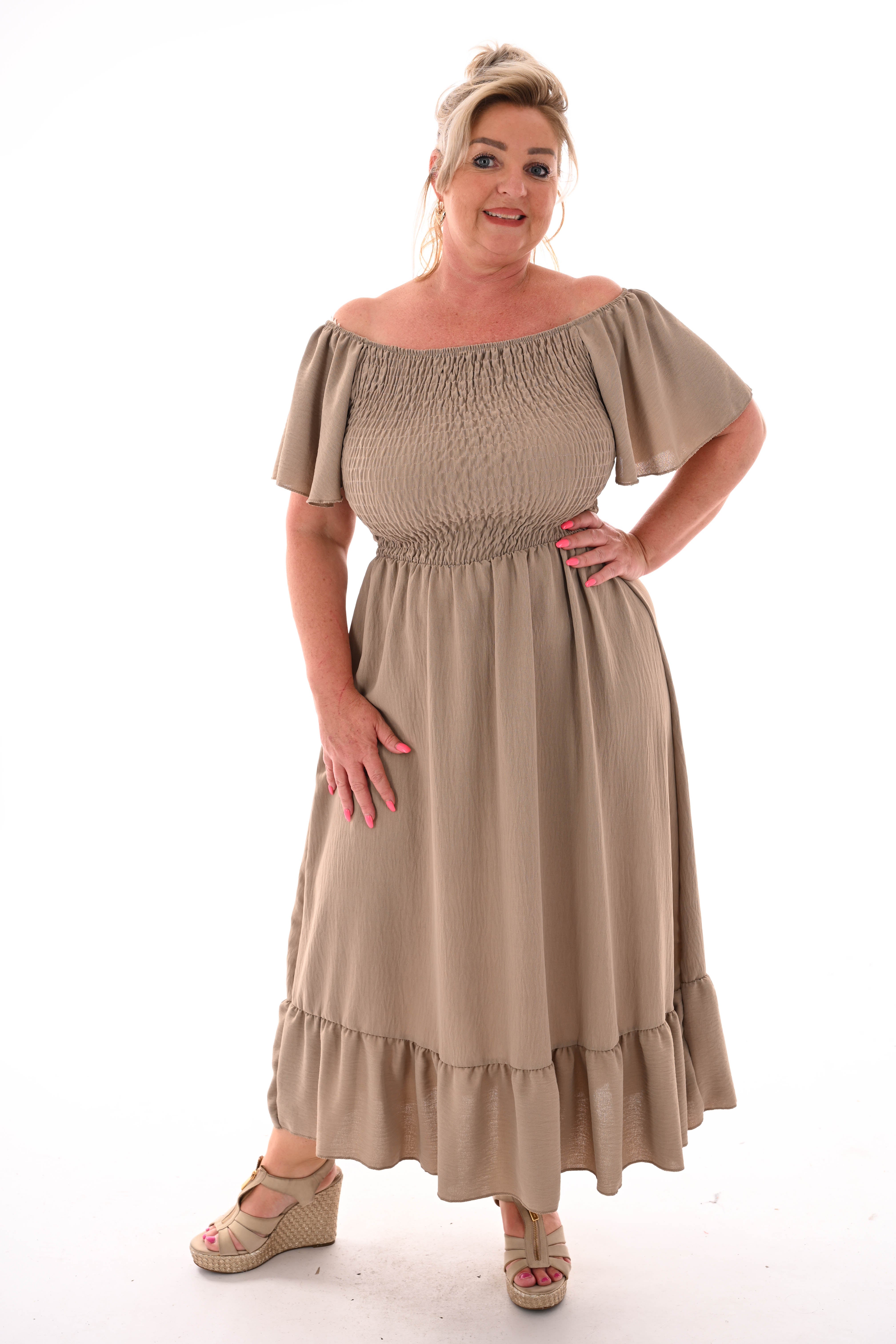 Maxi jurk smock uni taupe