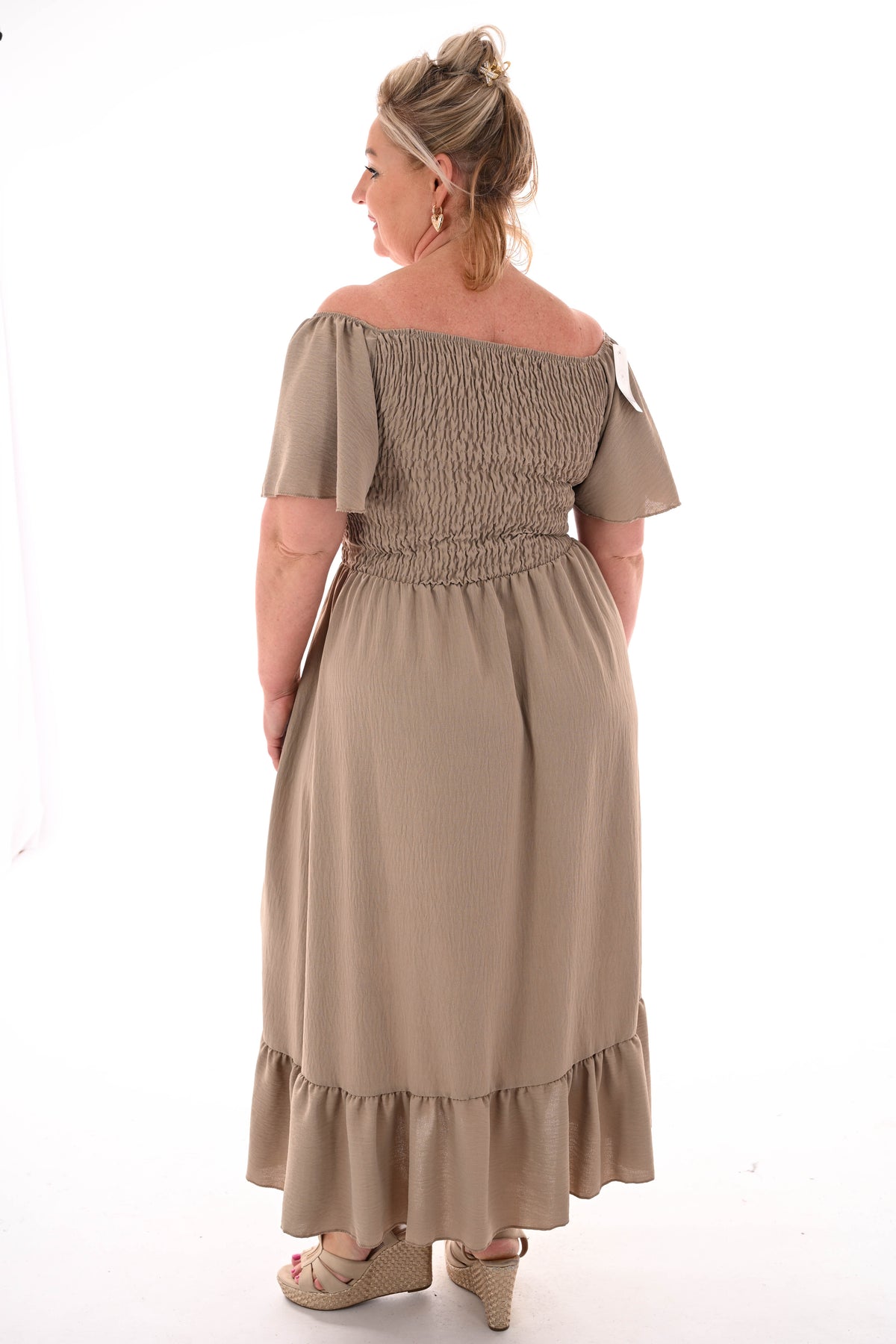 Maxi jurk smock uni taupe