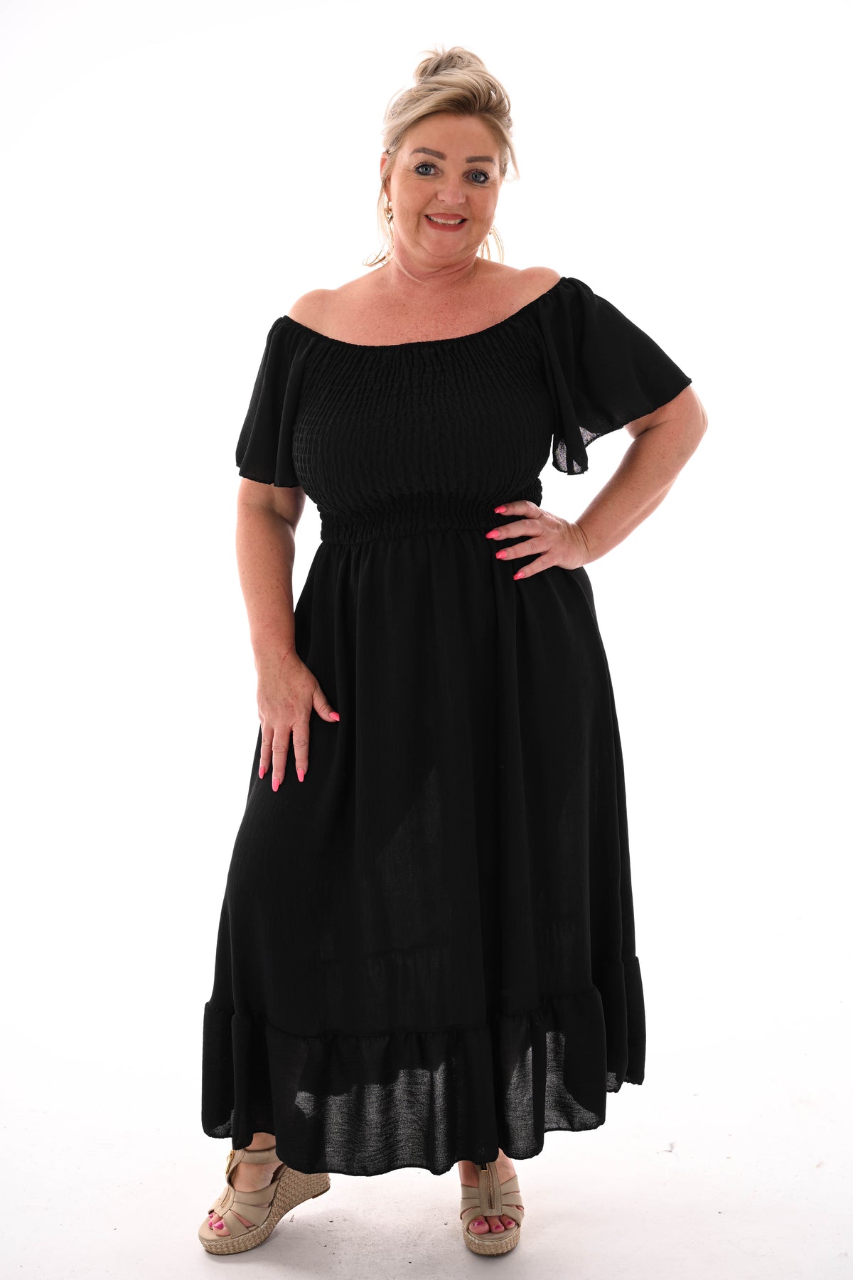 Maxi jurk smock uni zwart