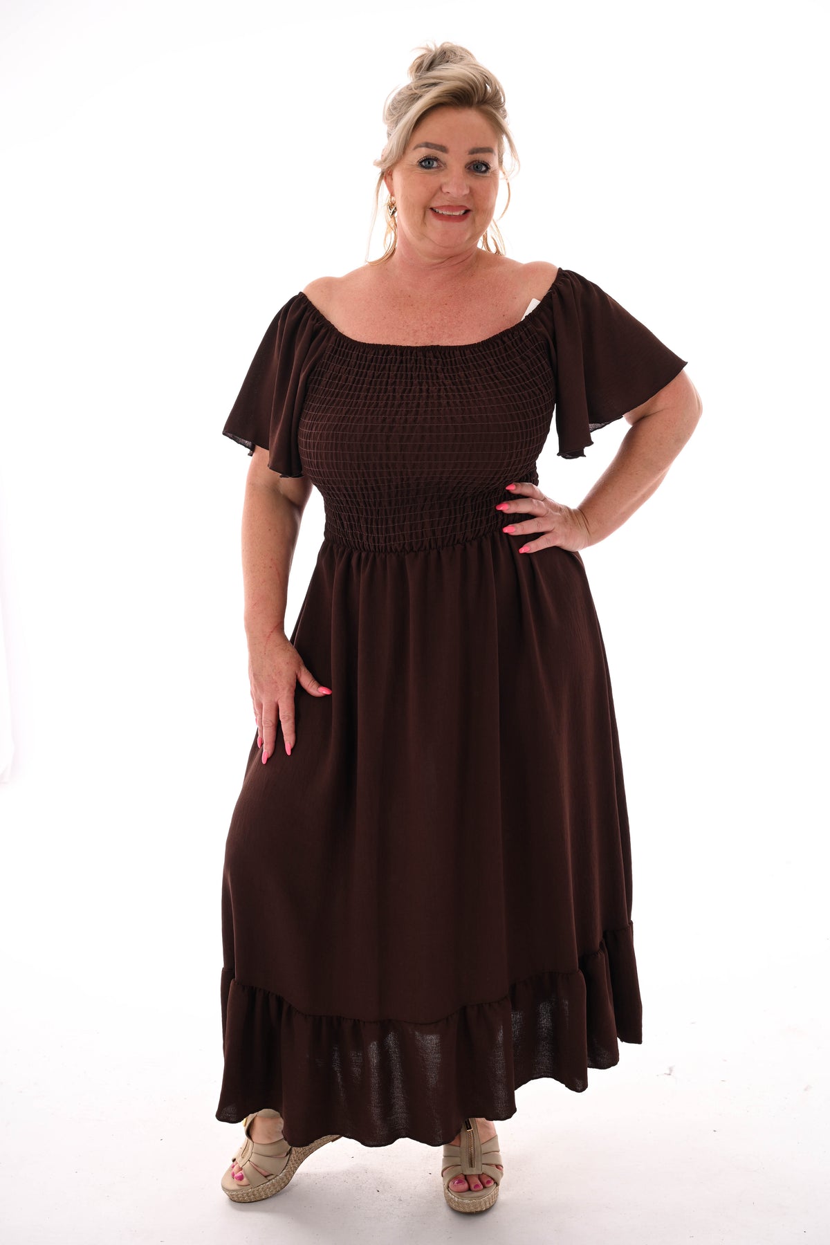 Maxi jurk smock uni bruin