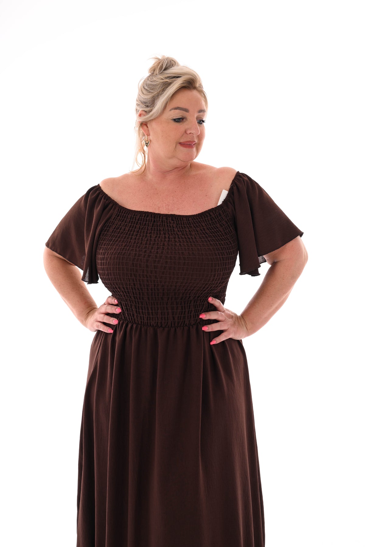 Maxi jurk smock uni bruin