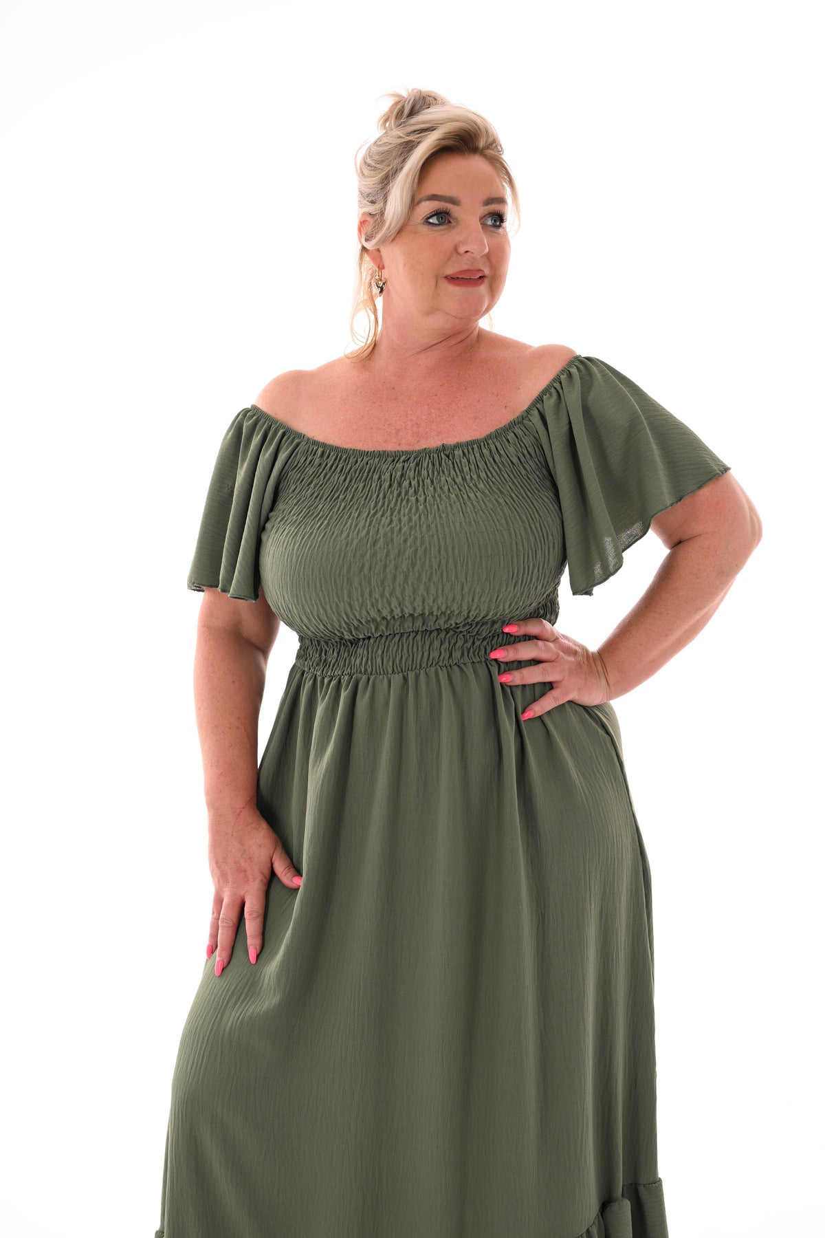 Maxi jurk smock uni legergroen