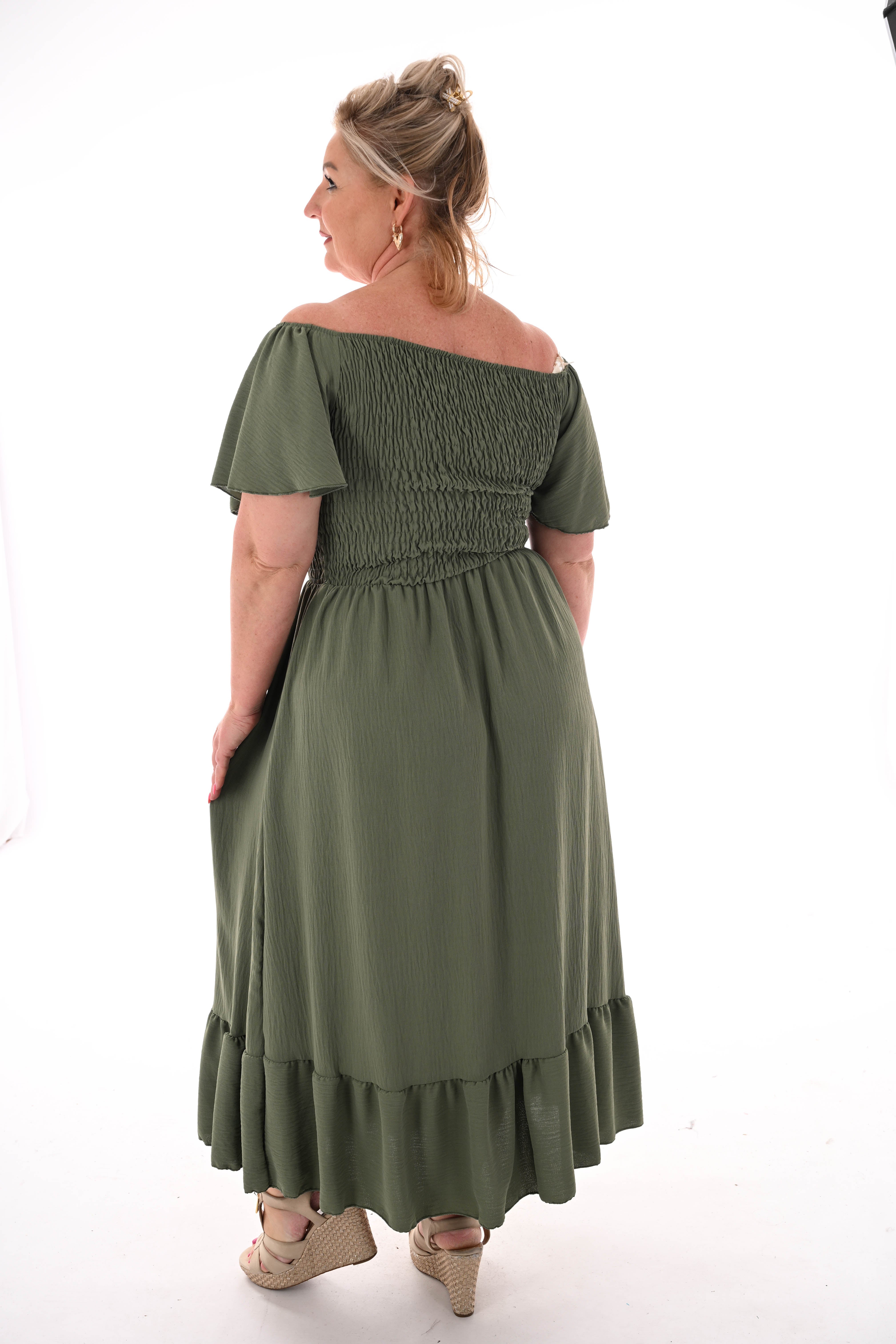 Maxi jurk smock uni legergroen