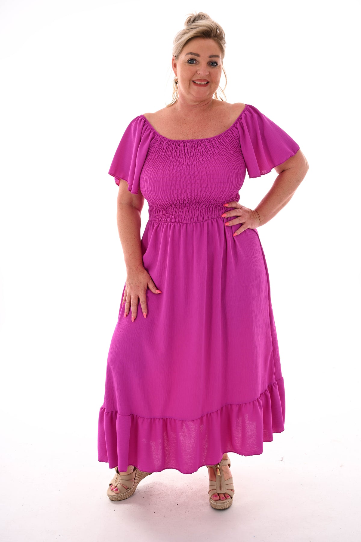Maxi jurk smock uni magenta