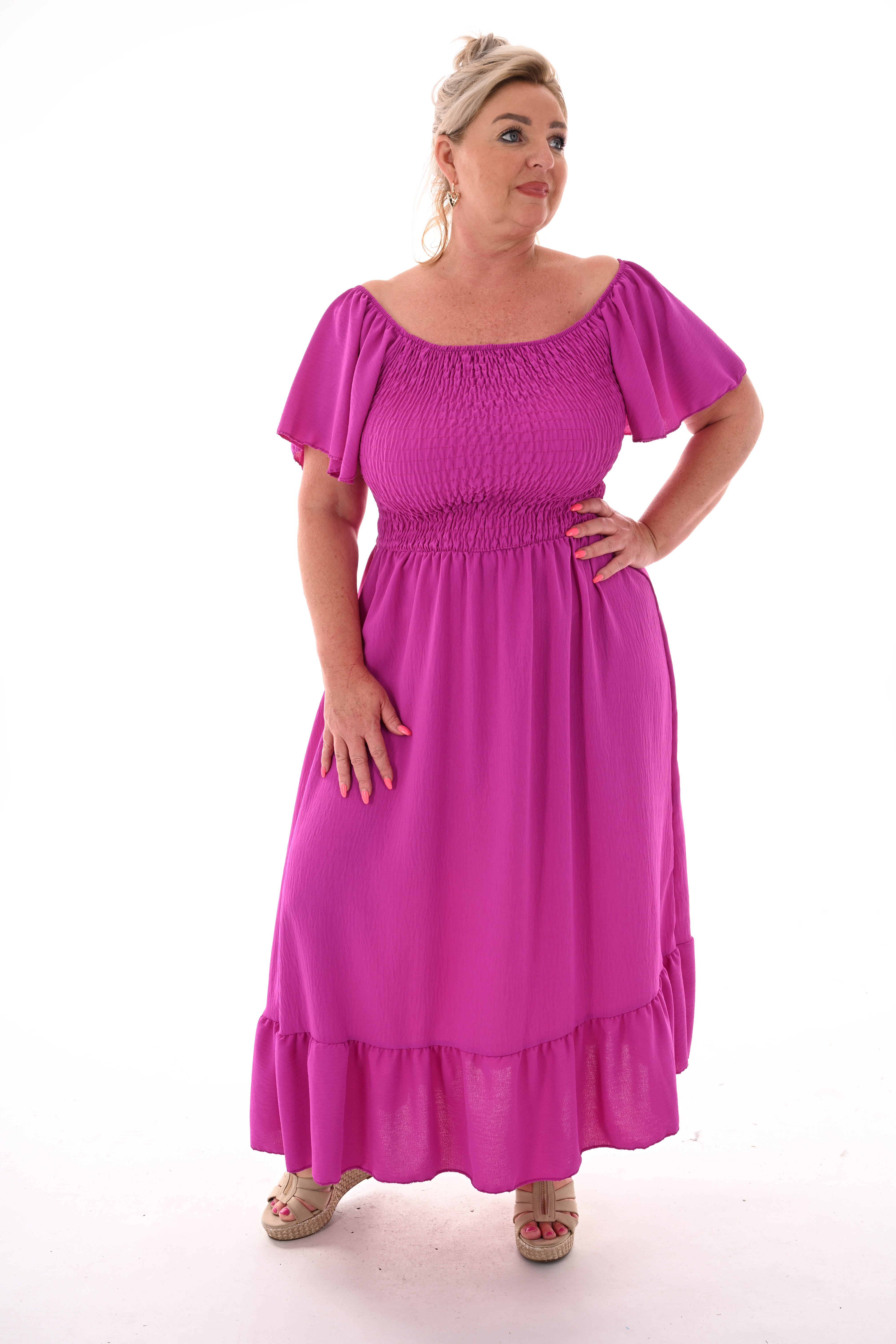 Maxi jurk smock uni magenta