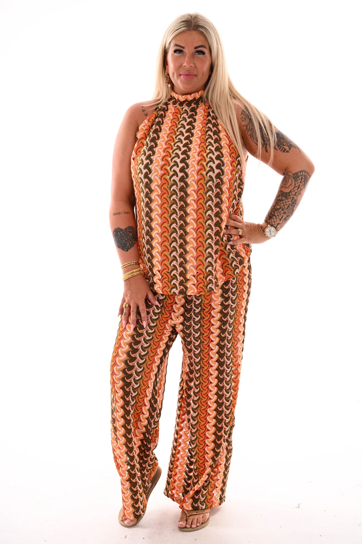 Tweedelig set halter top gehaakt oranje
