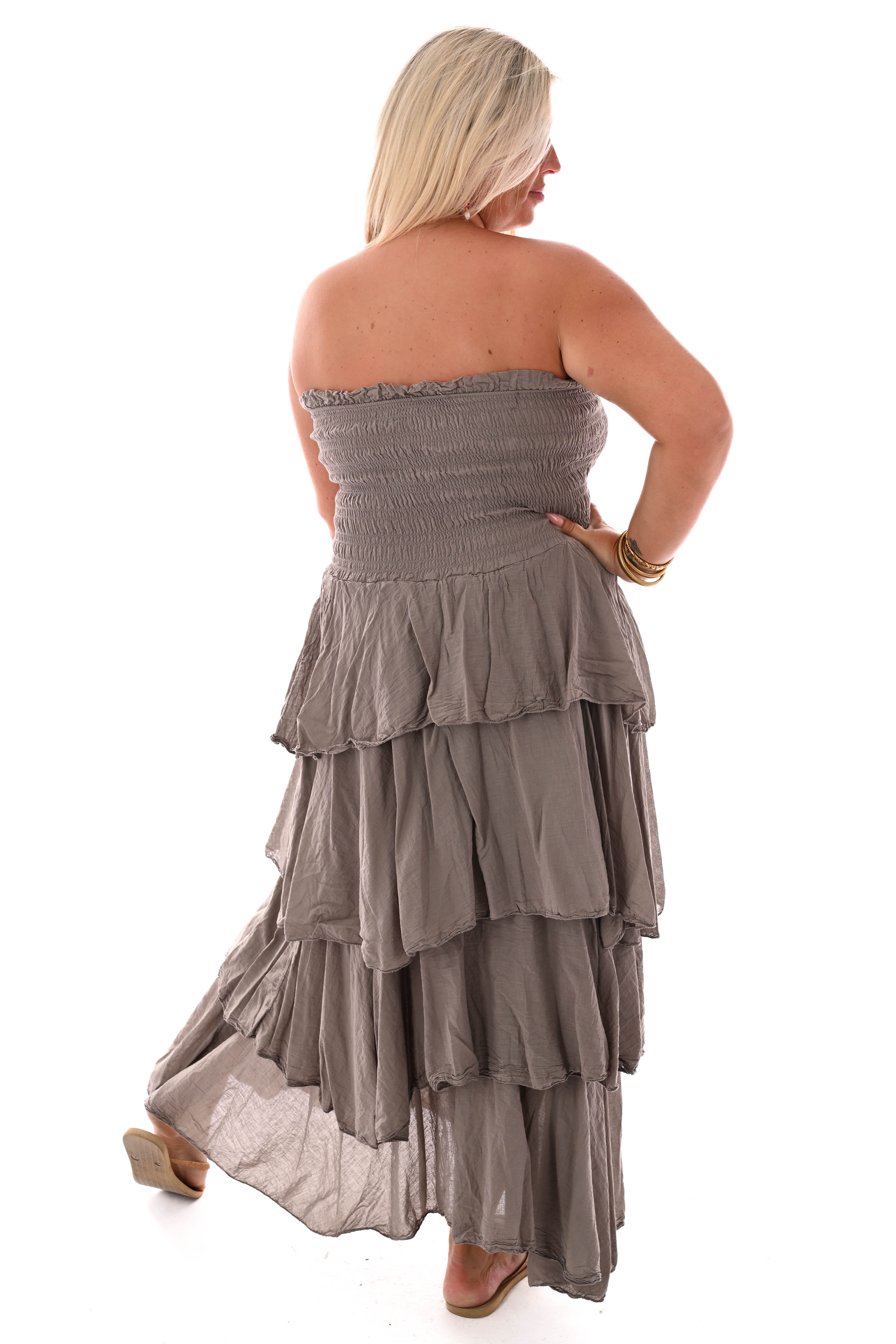 Off-shoulder jurk stroken taupe