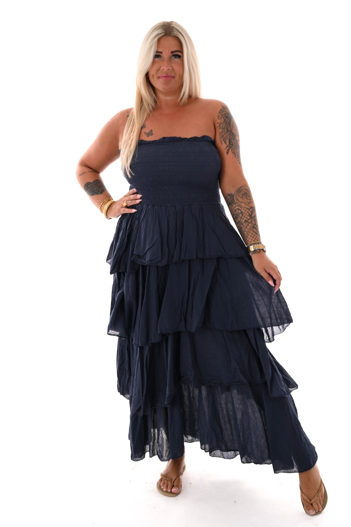 Off-shoulder jurk stroken marineblauw