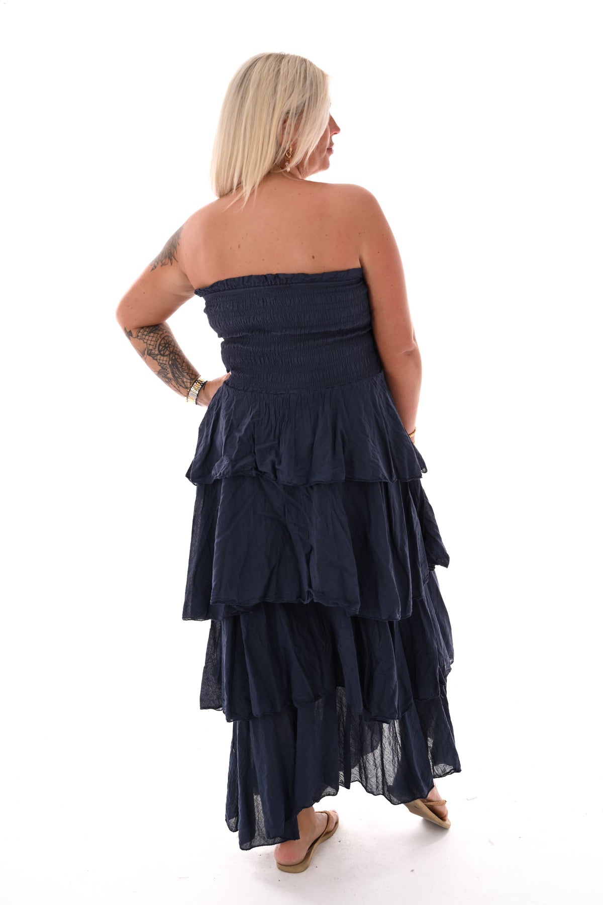 Off-shoulder jurk stroken marineblauw