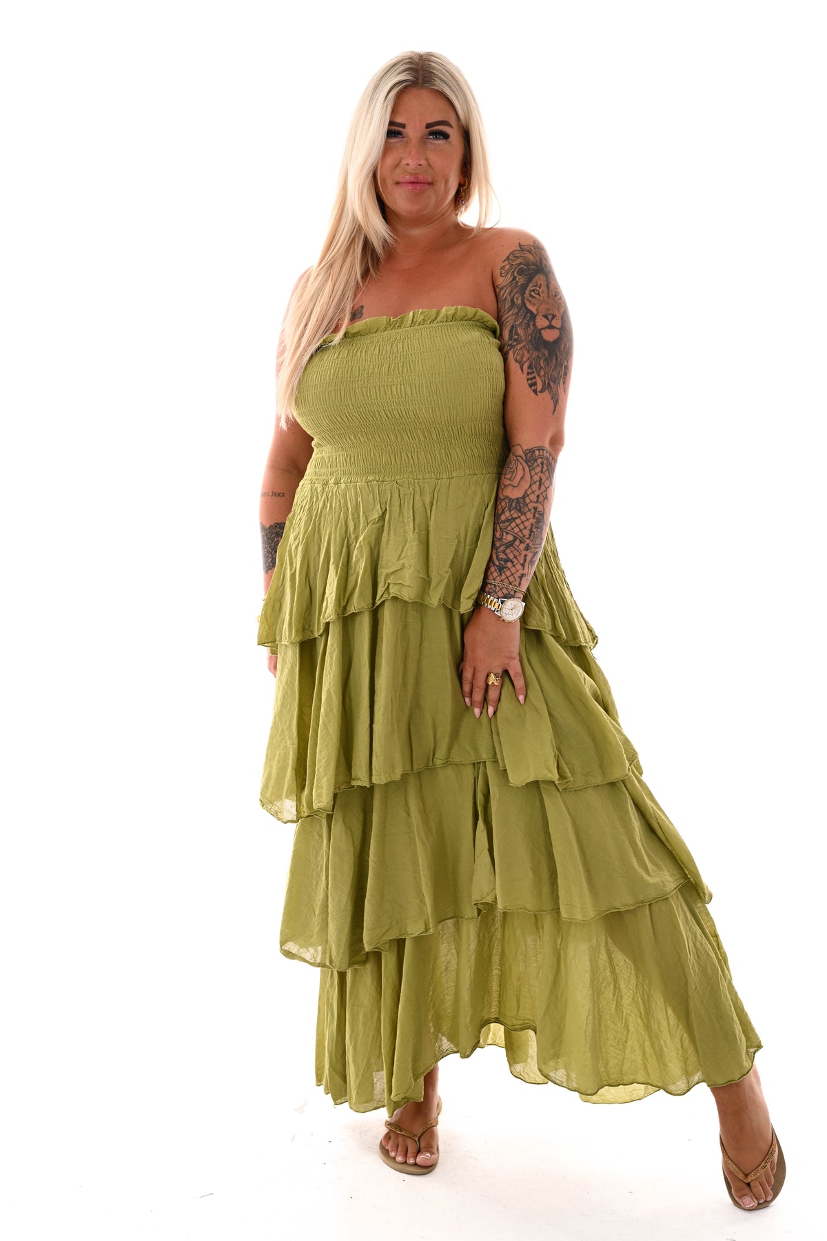 Off-shoulder jurk stroken lime