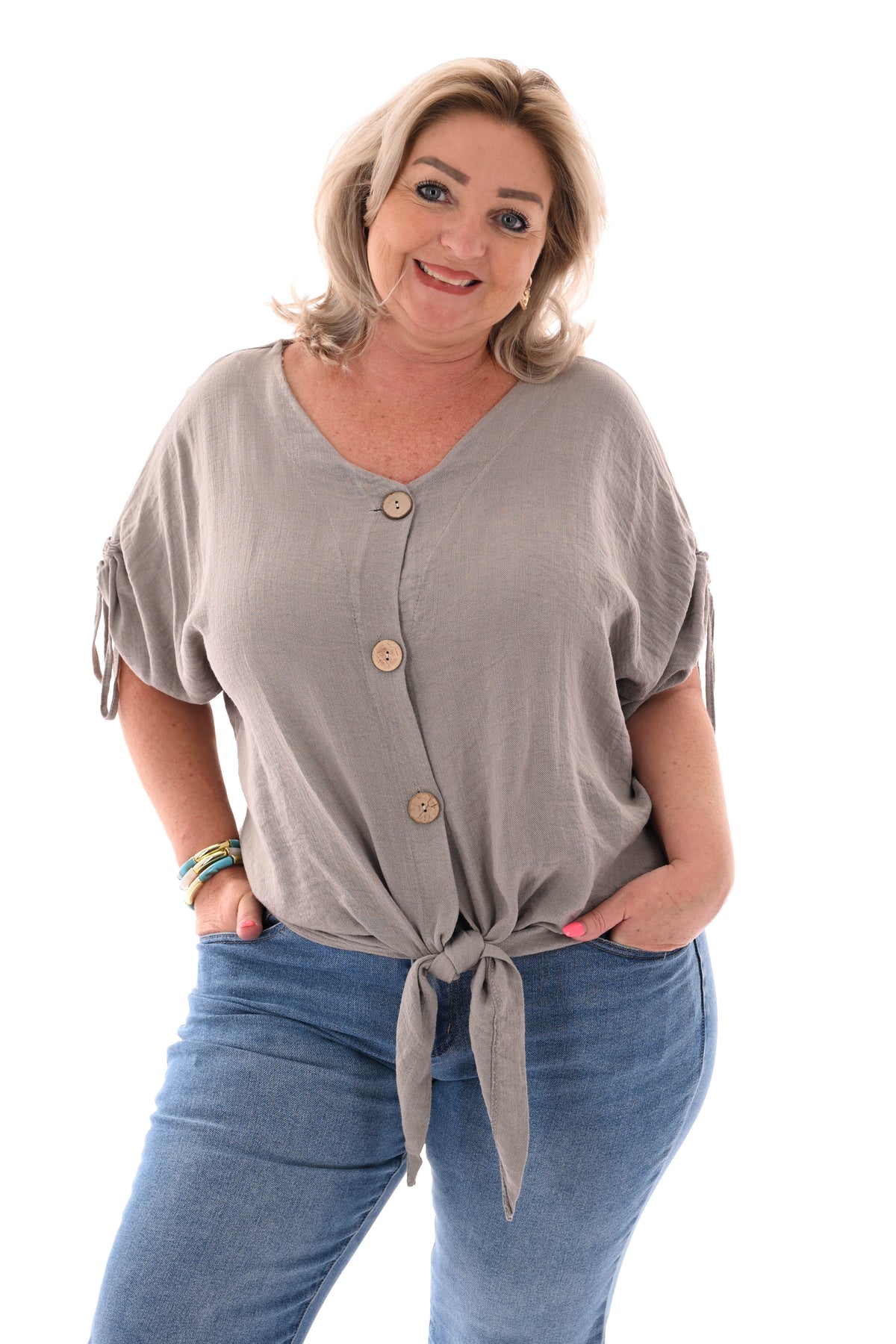 Top strik en knoopjes taupe