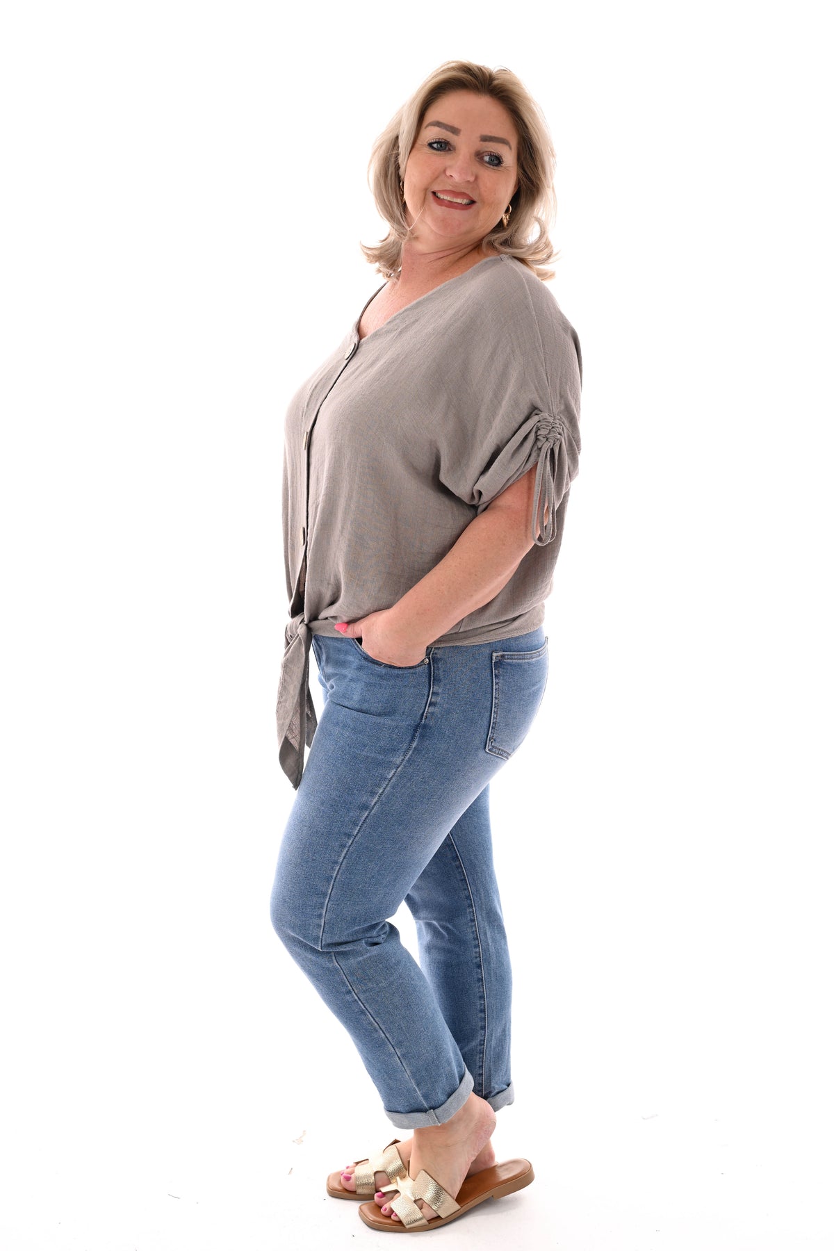 Top strik en knoopjes taupe