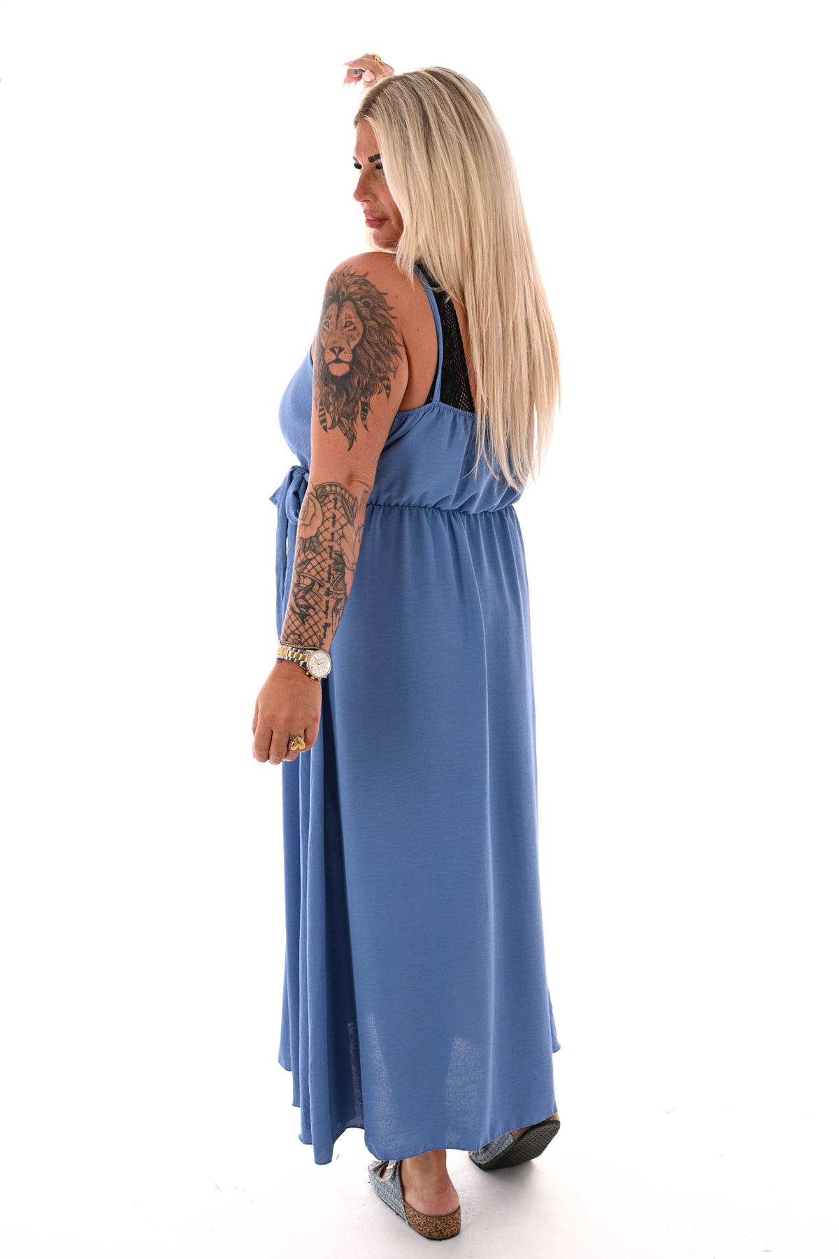 Maxi jurk met strik smalle bandjes uni jeansblauw