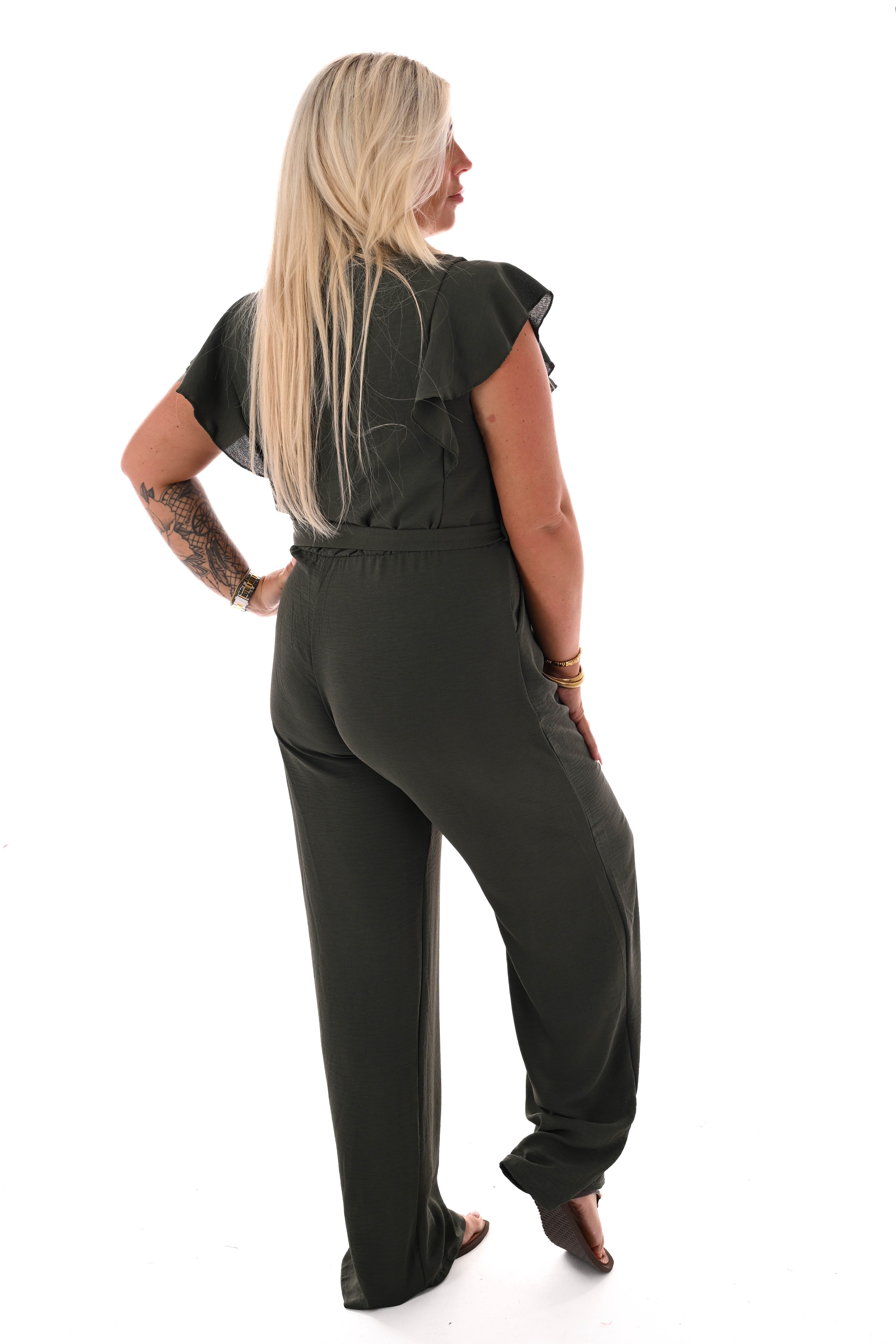 Jumpsuit korte roezelmouwen uni legergroen