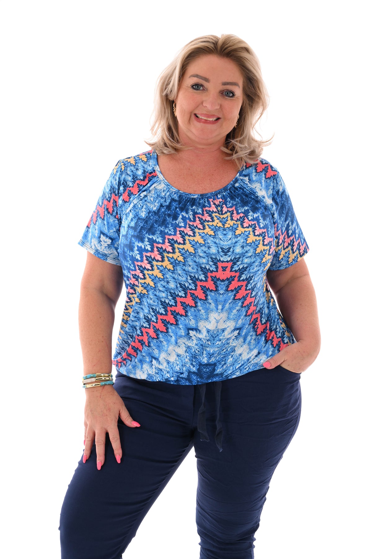 Ballon top print blauw/koraal