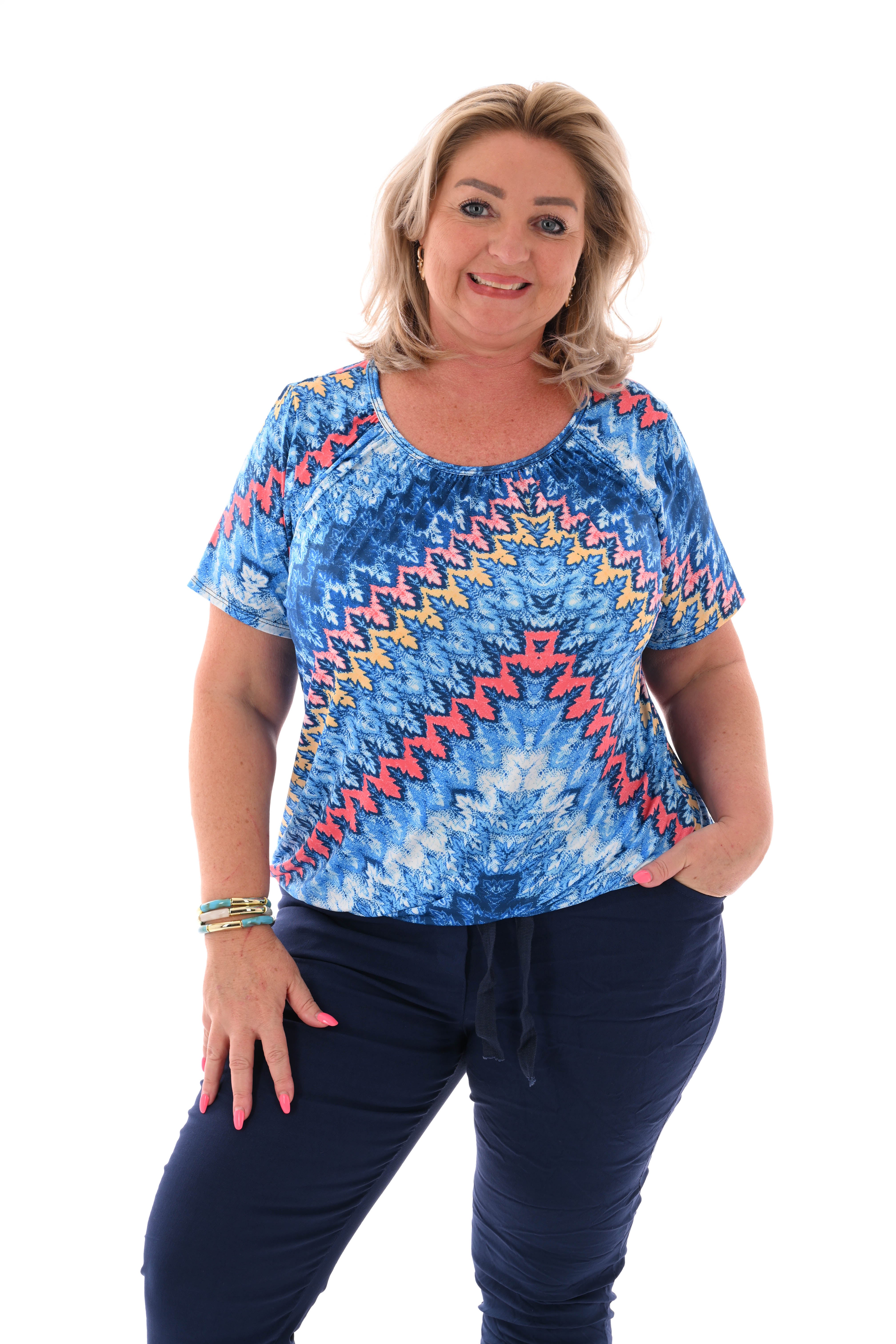 Ballon top print blauw/koraal