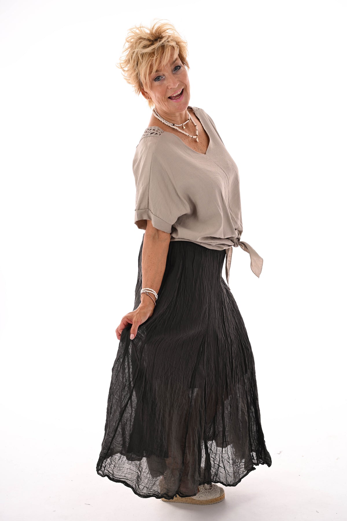Top gehaakte rug met knoop taupe