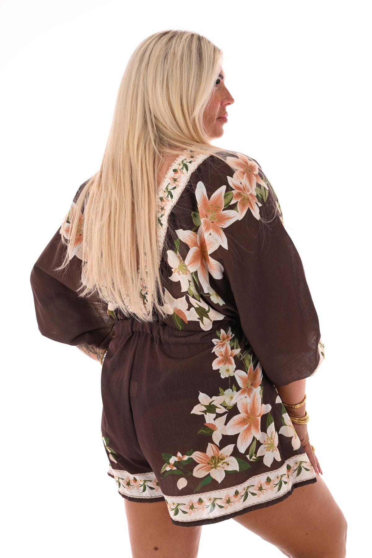 Playsuit lelies v-hals donkerbruin