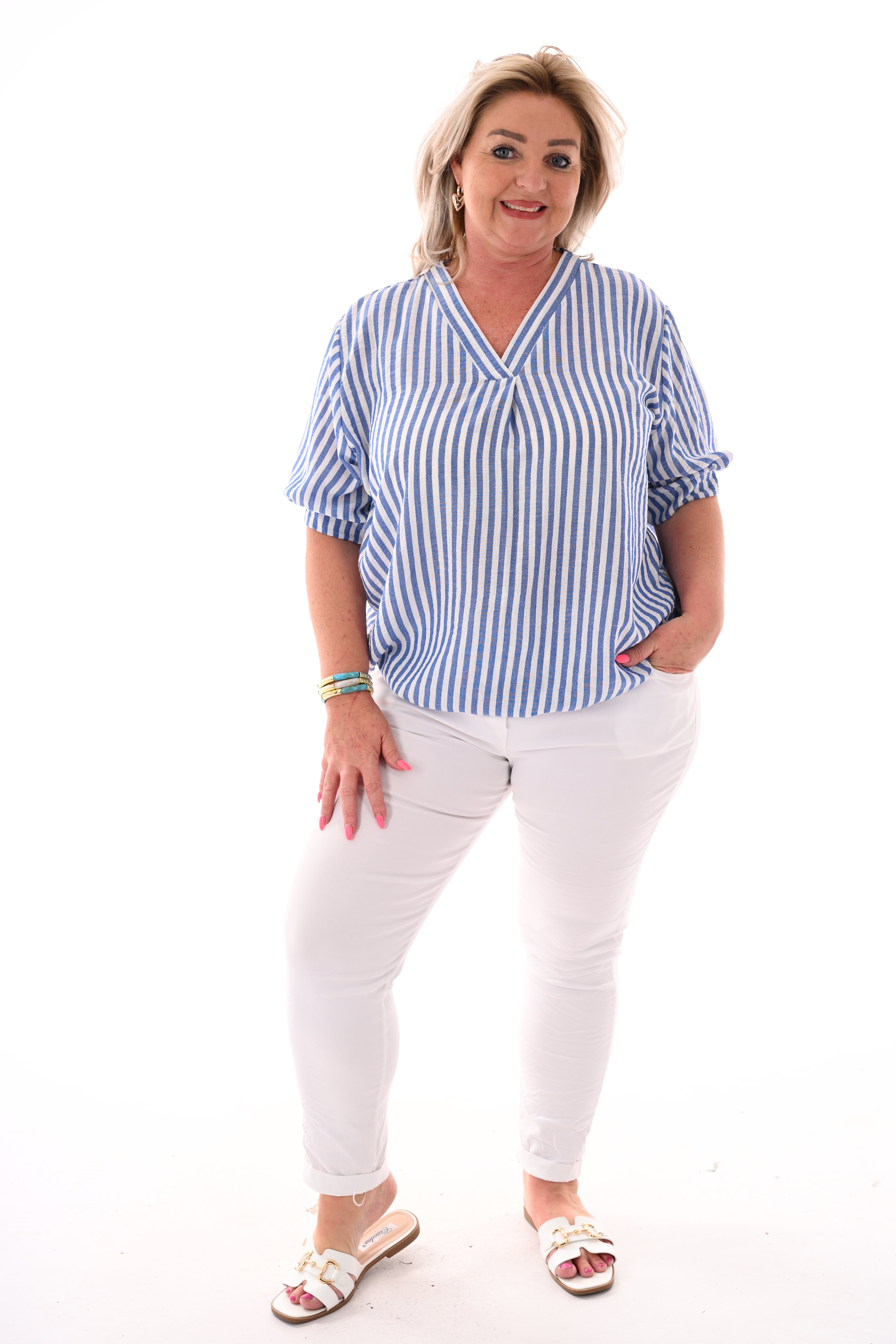 Top ballon fijne streepjes blauw