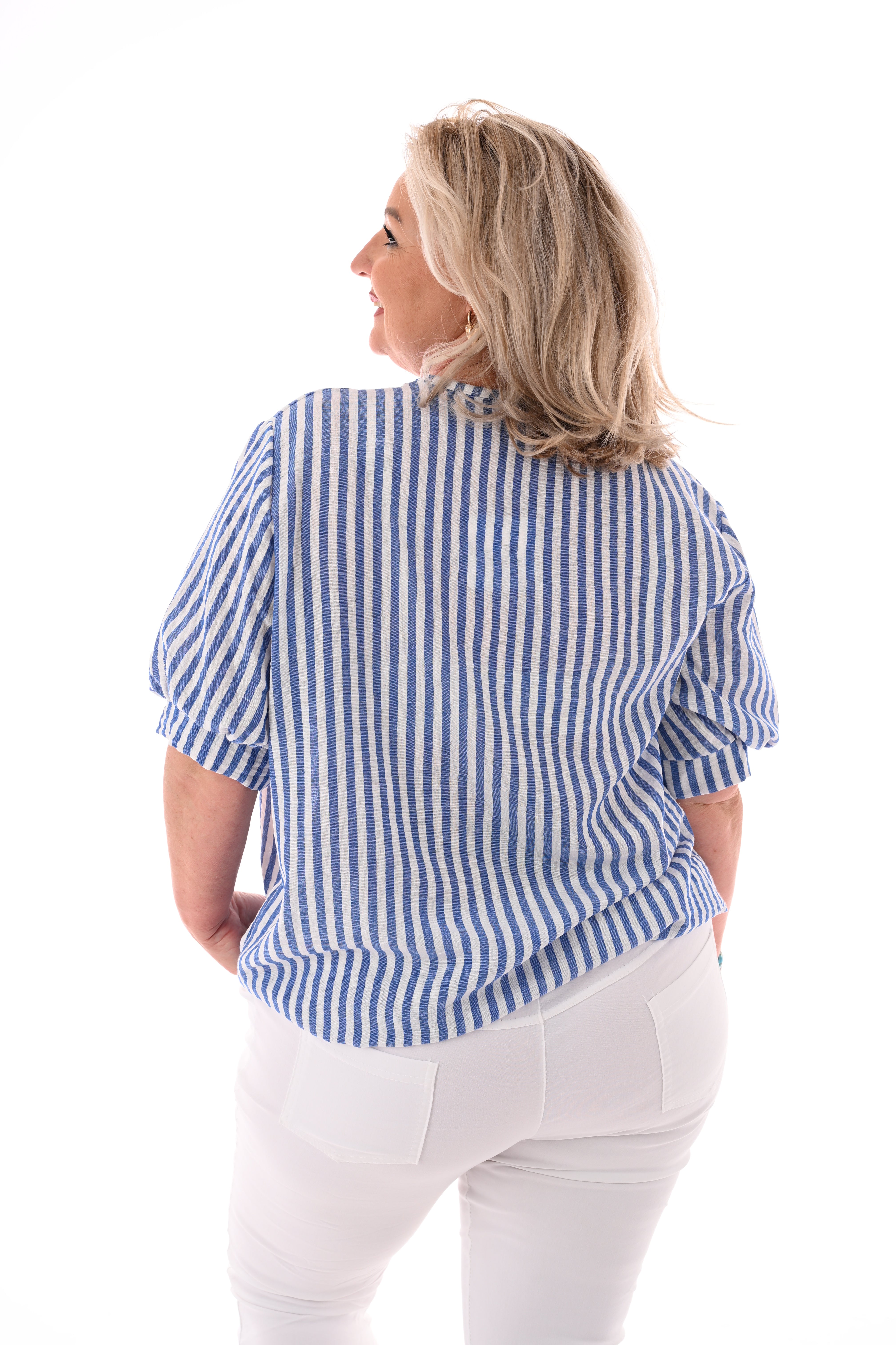 Top ballon fijne streepjes blauw