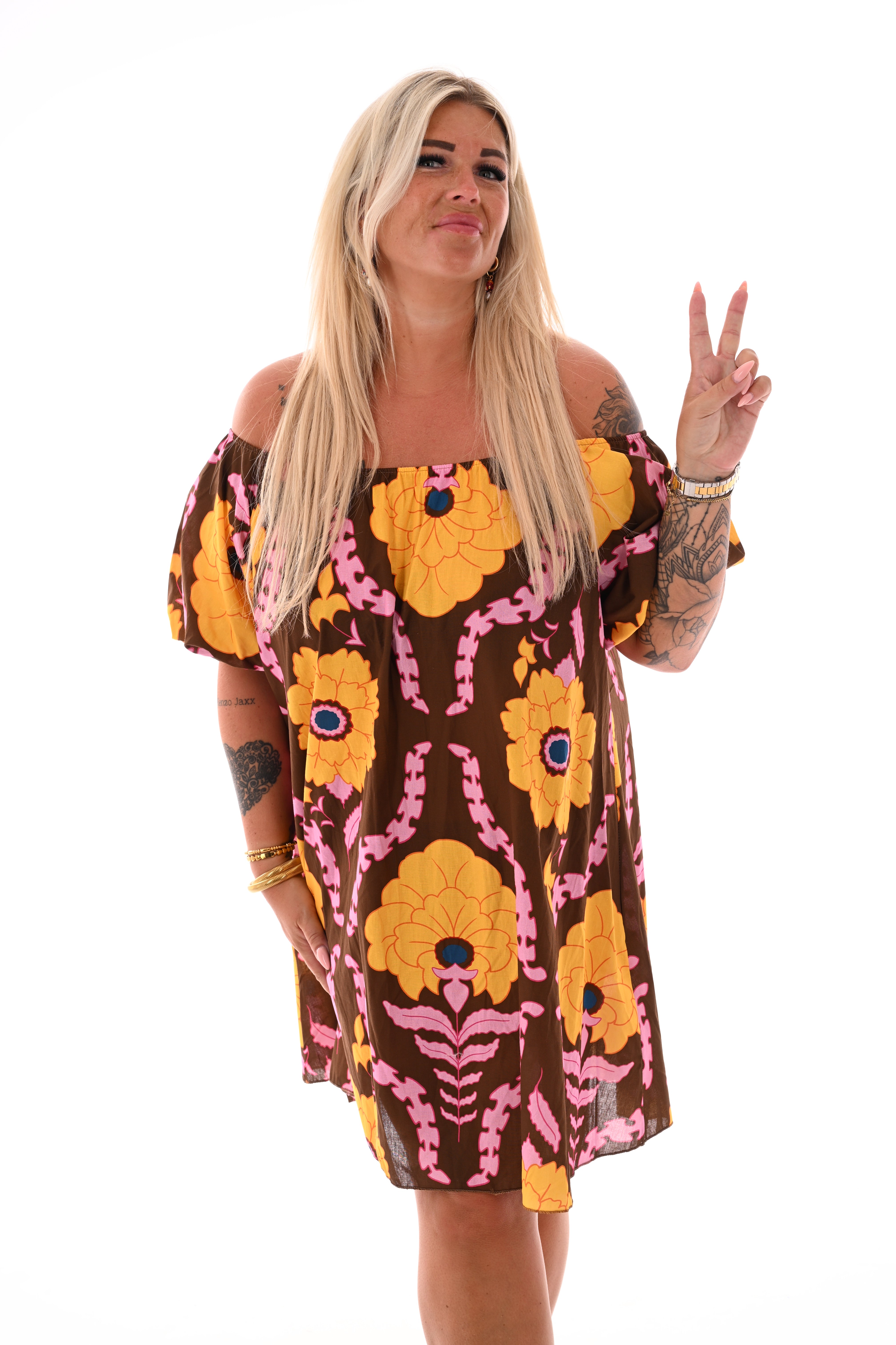 Off-shoulder jurk korte pofmouwen bloemen bruin/geel