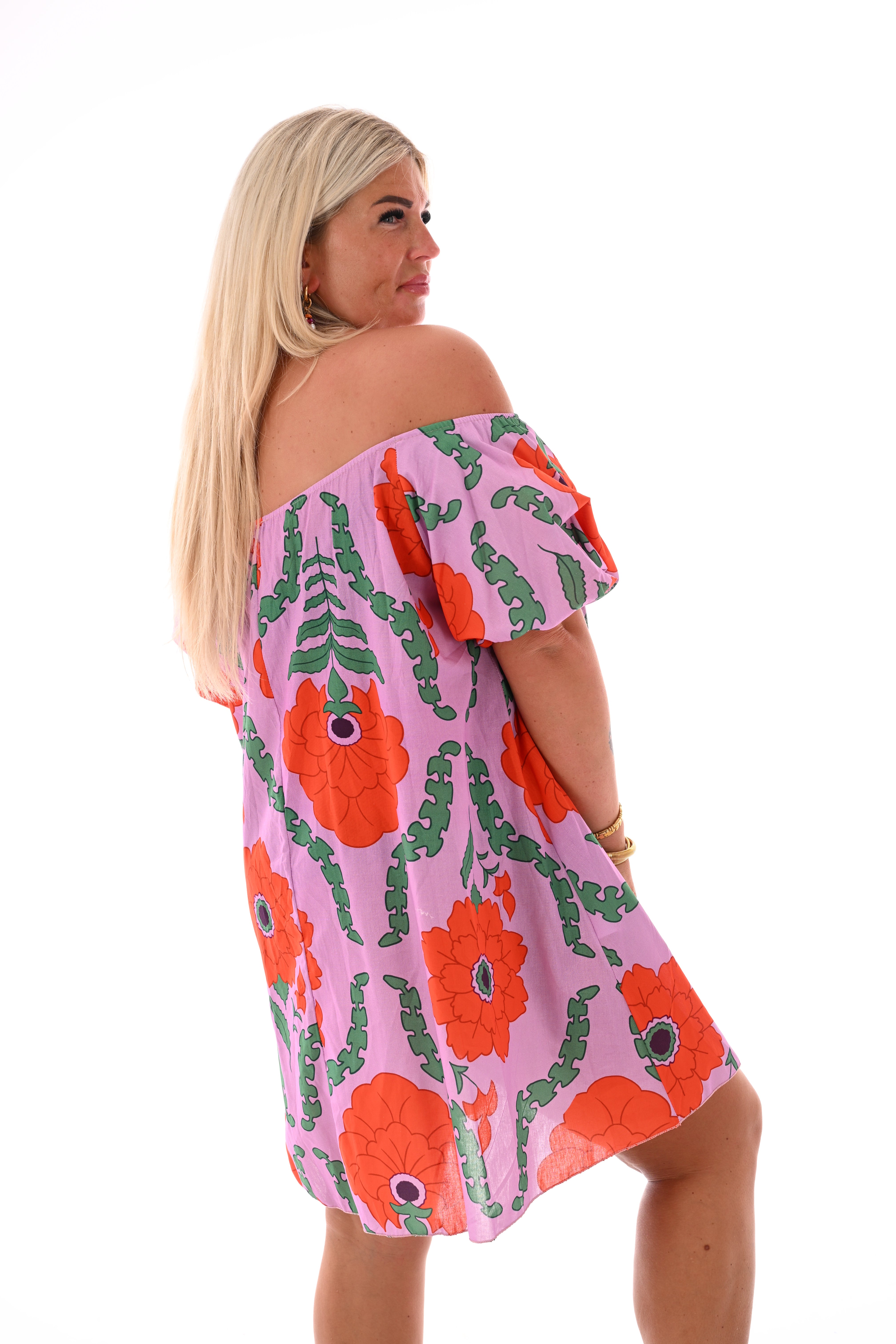 Off-shoulder jurk korte pofmouwen bloemen lila/oranje
