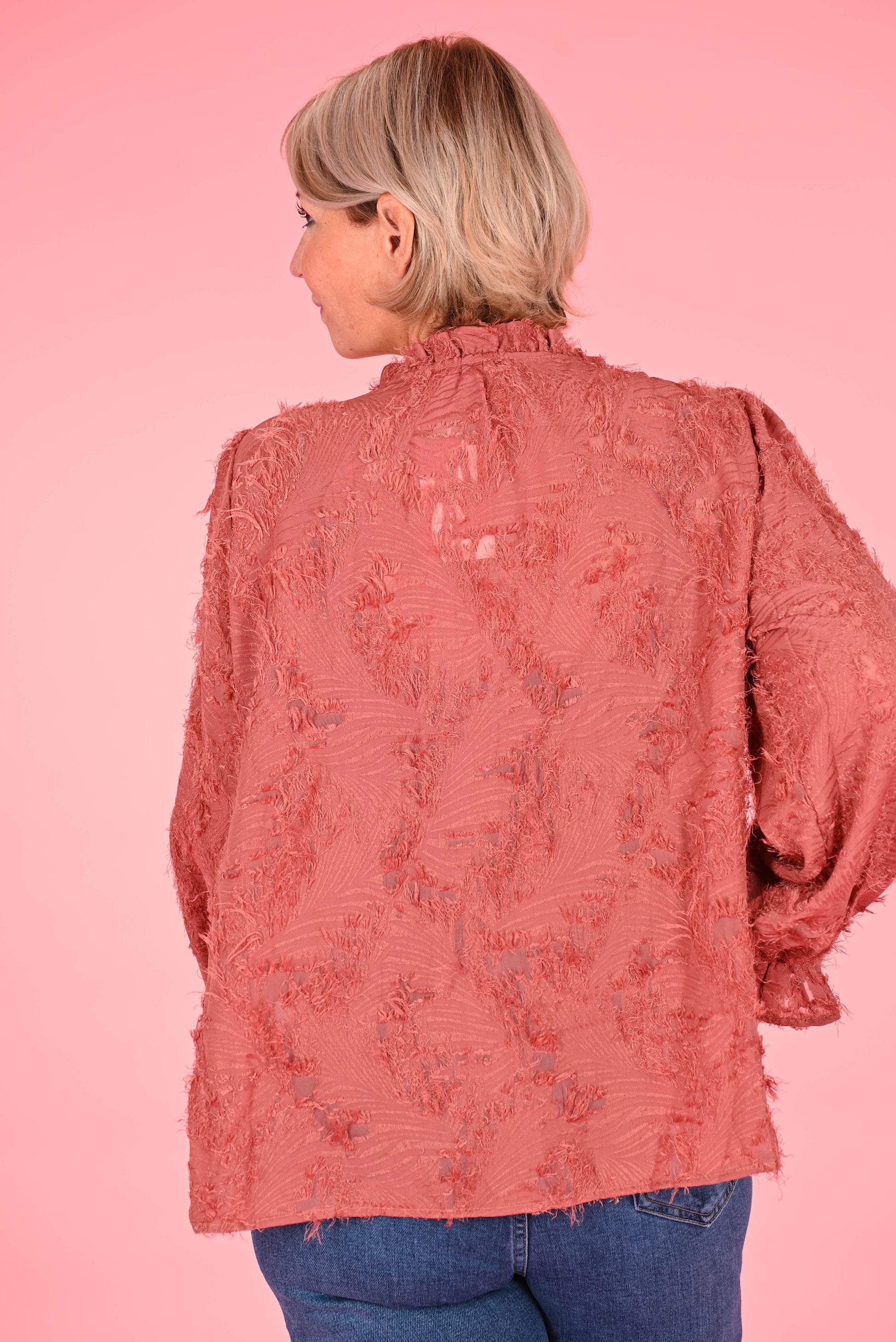 Blouse knopen rafels oud roze