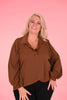 Blouse pofmouwen v-hals uni donker bruin