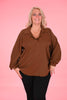 Blouse pofmouwen v-hals uni donker bruin