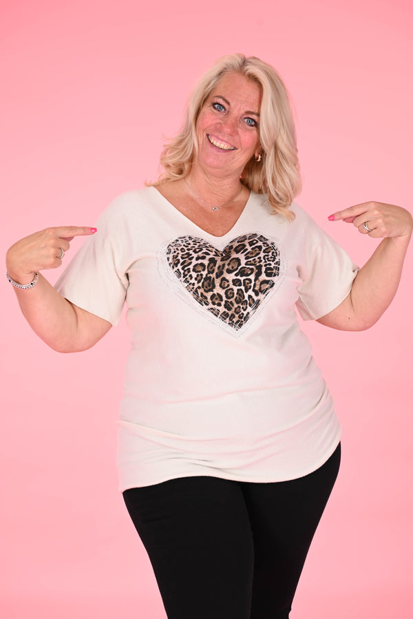 Top v-hals hart panter beige