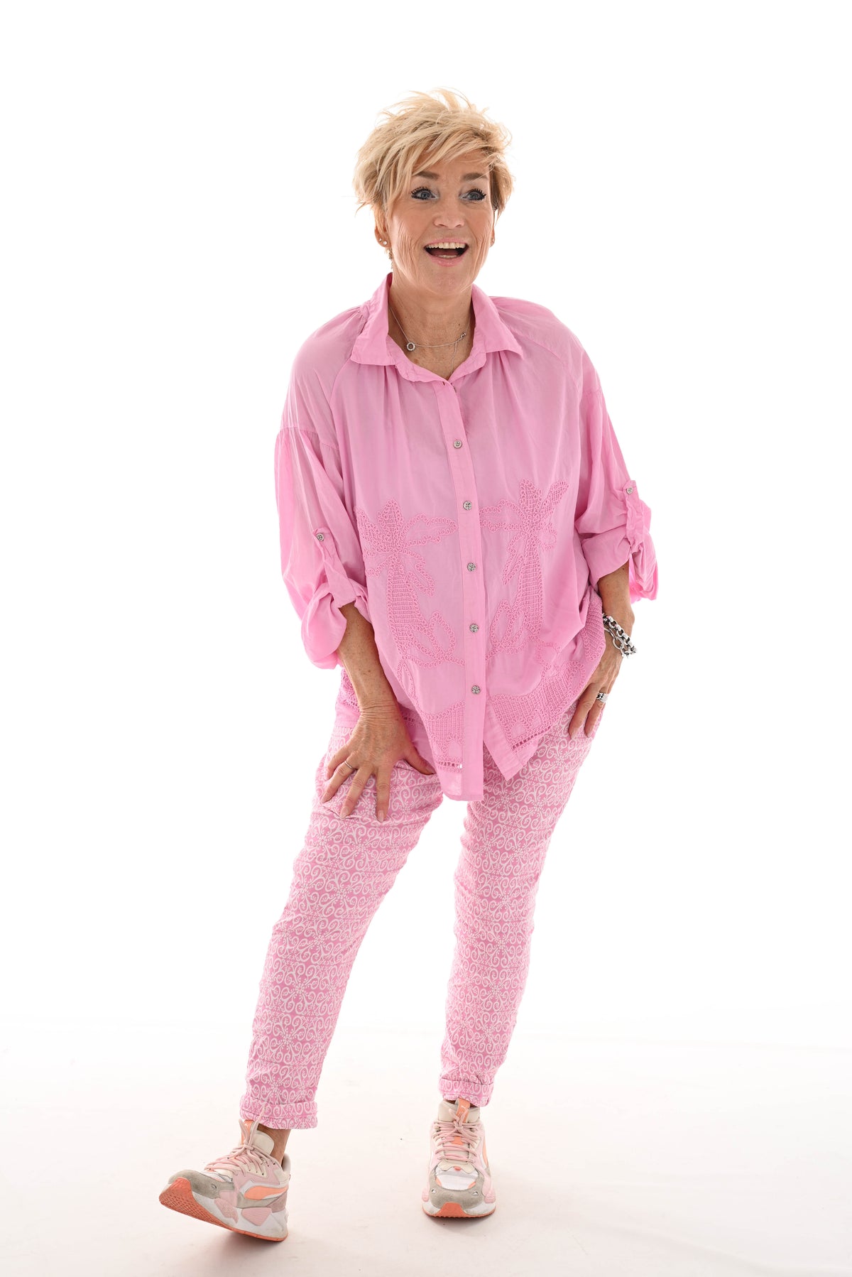 Blouse ophaalmouwen palmbomen roze