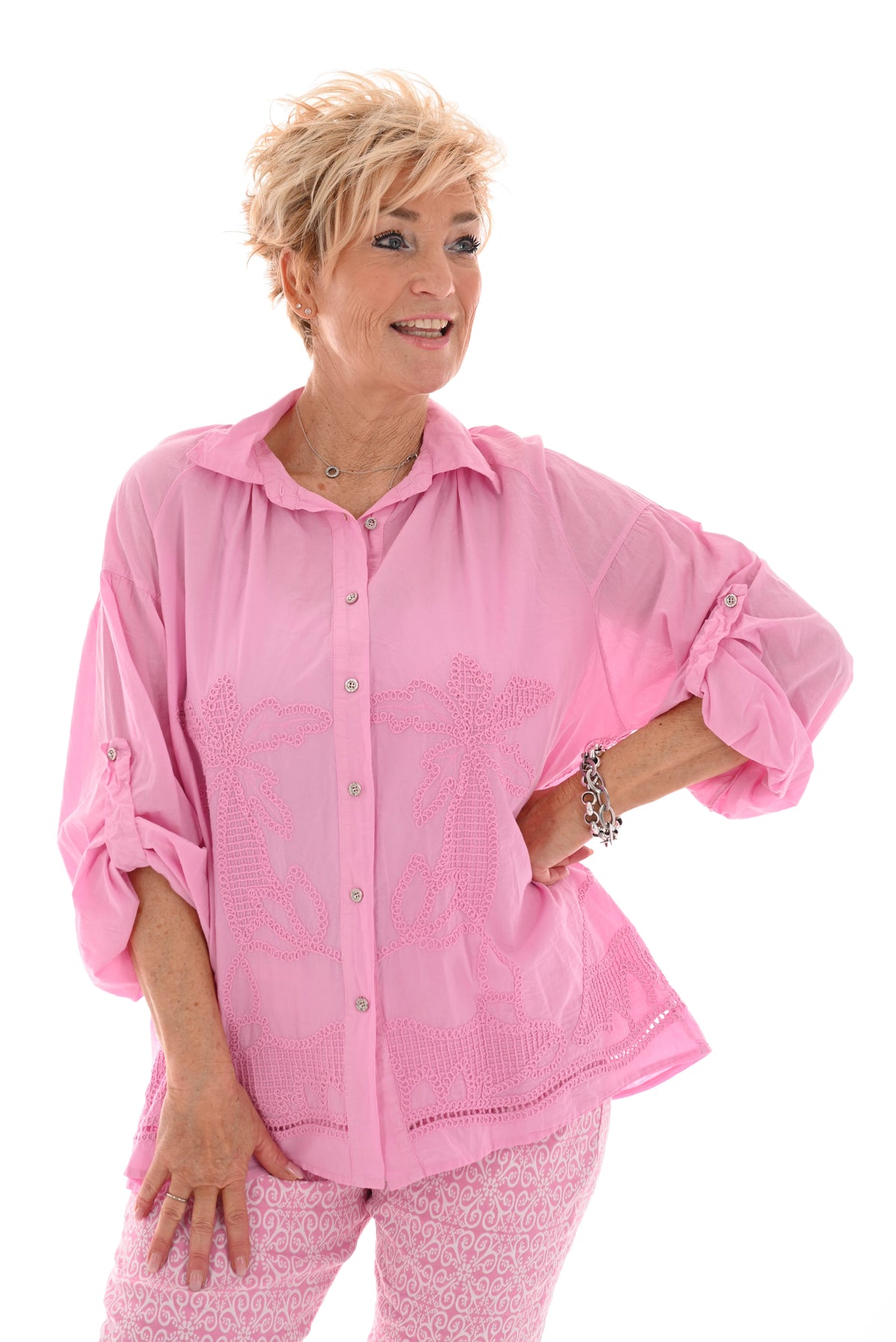 Blouse ophaalmouwen palmbomen roze