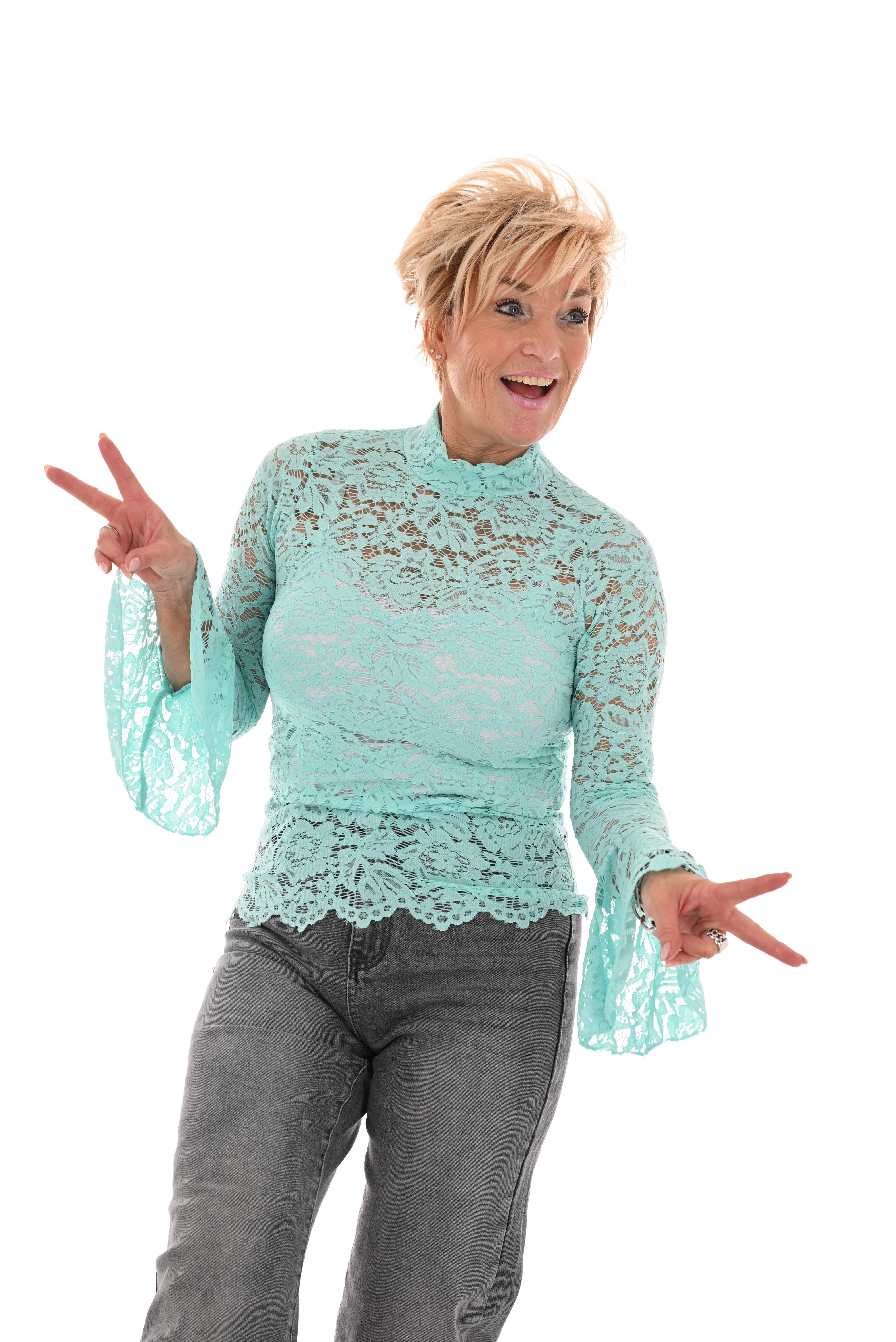 Kanten top met trompetmouwen turquoise