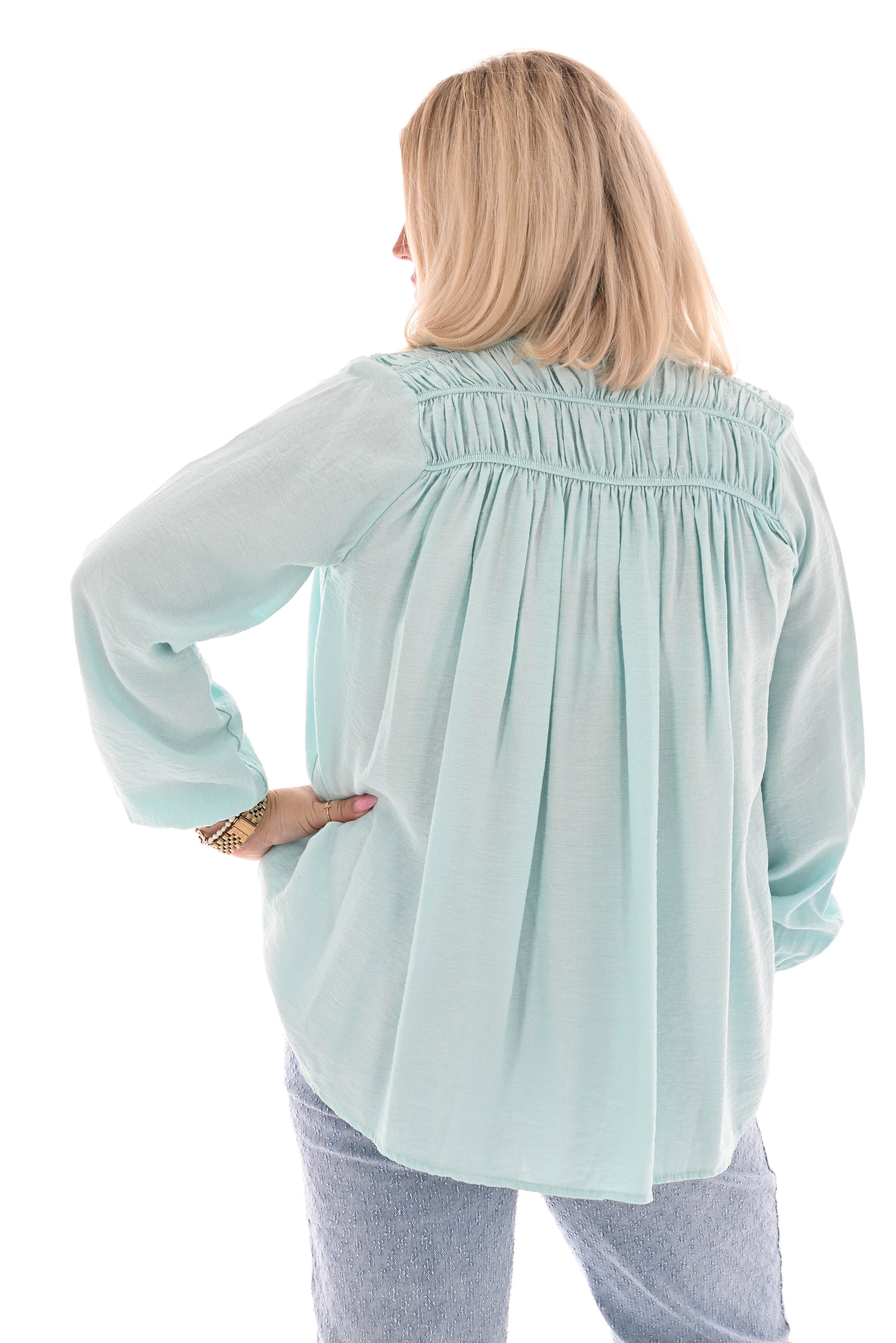 Blouse geplooide schouder turquoise