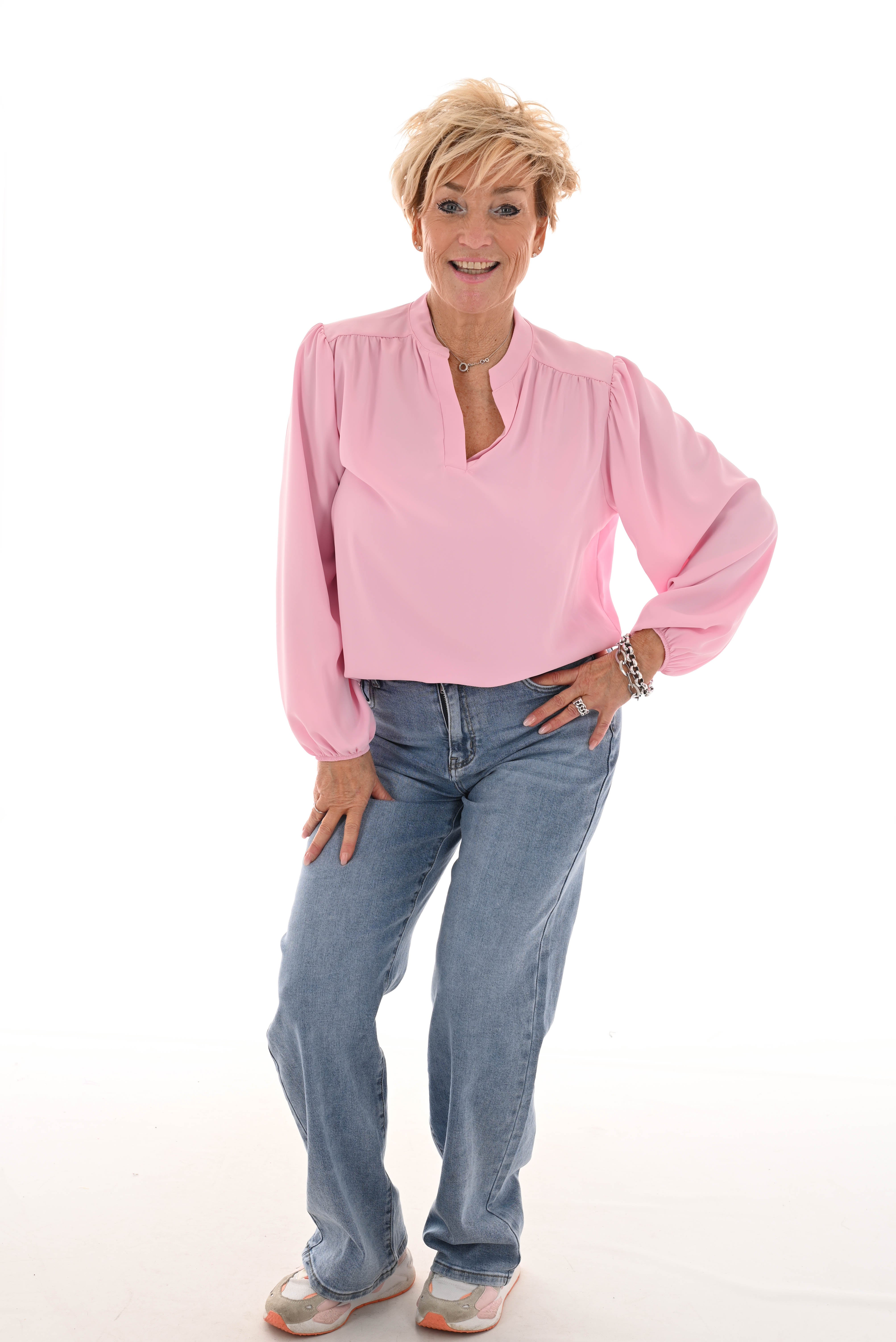 Blouse v-hals pofmouwen roze