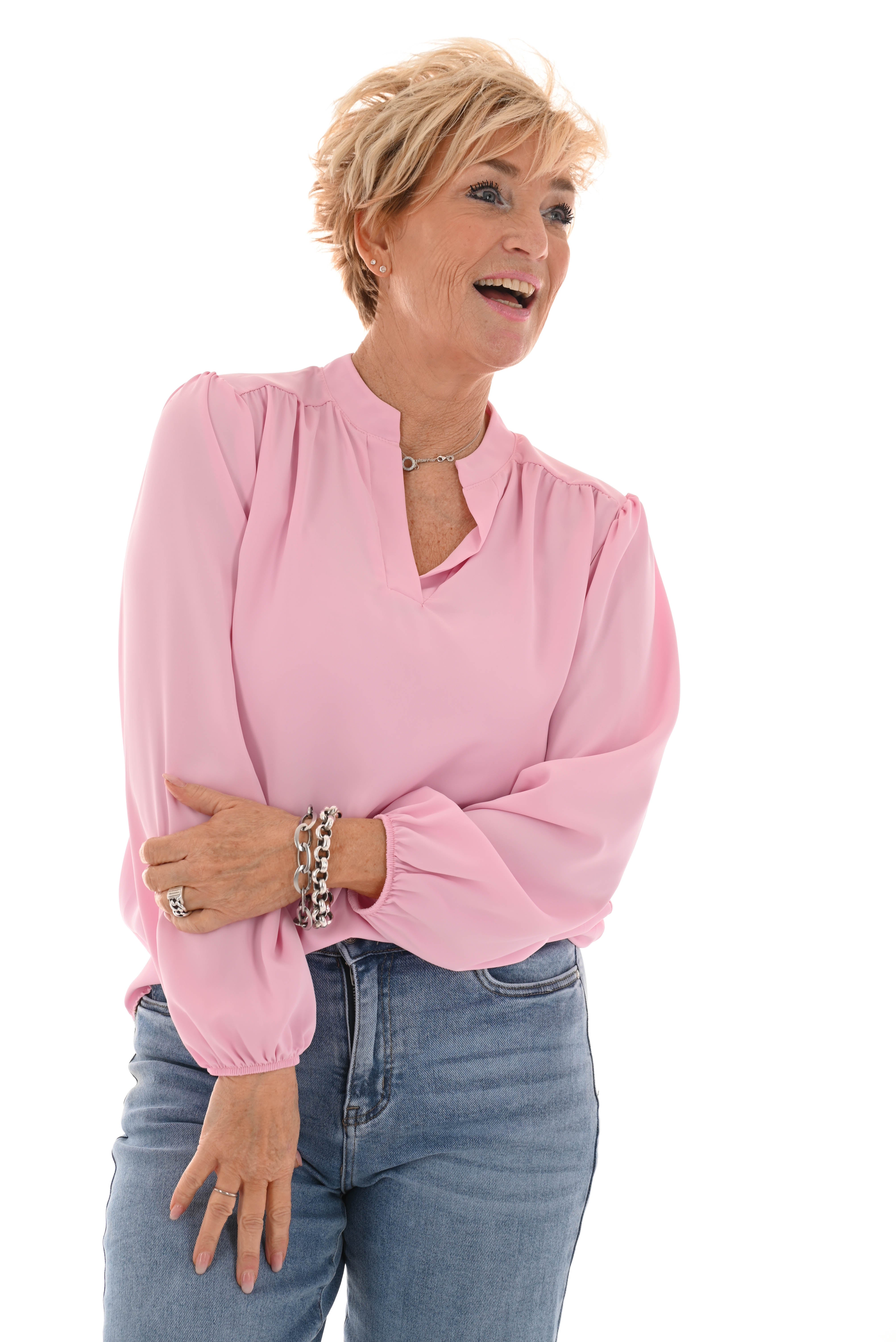 Blouse v-hals pofmouwen roze