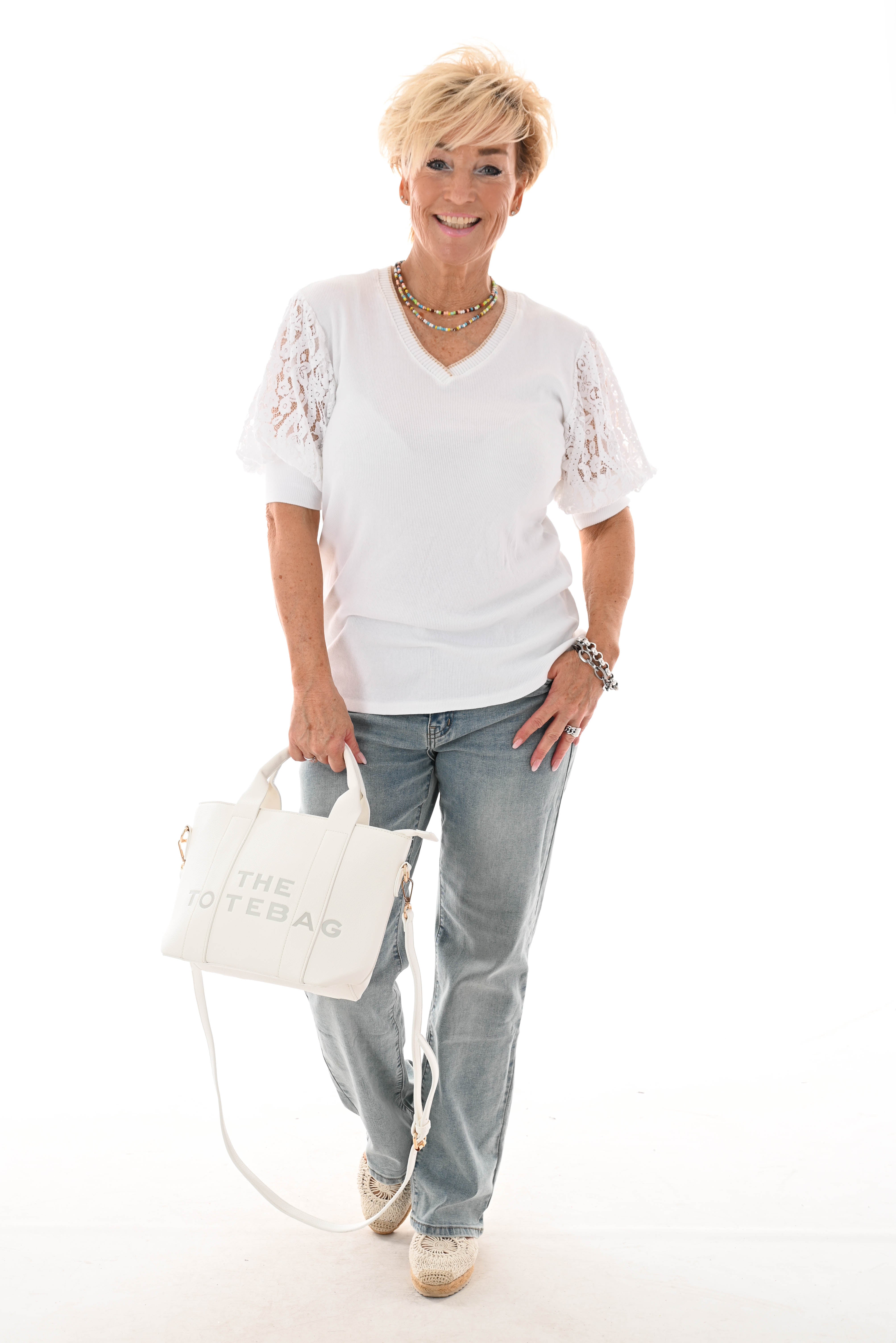 Shirt v-hals korte kanten mouwen roomwit