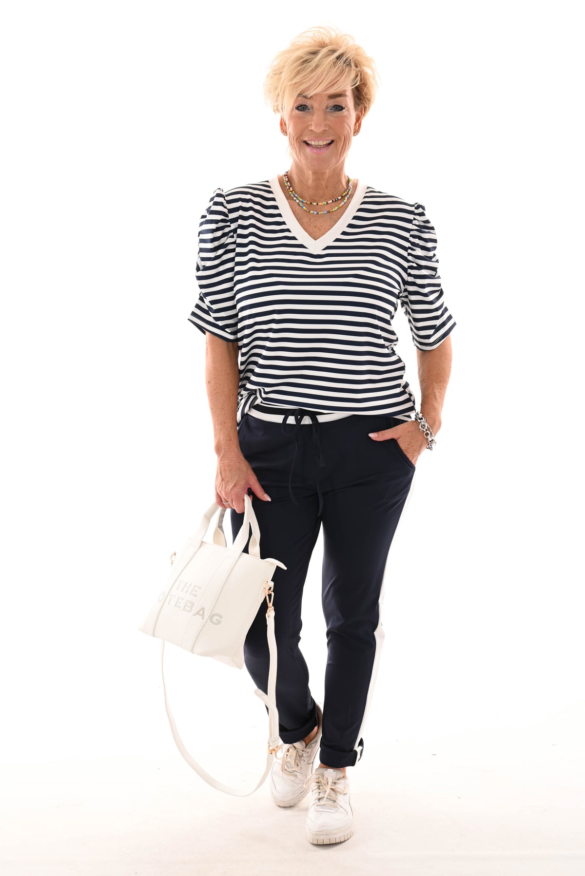 Shirt korte pofmouwen gestreept marineblauw