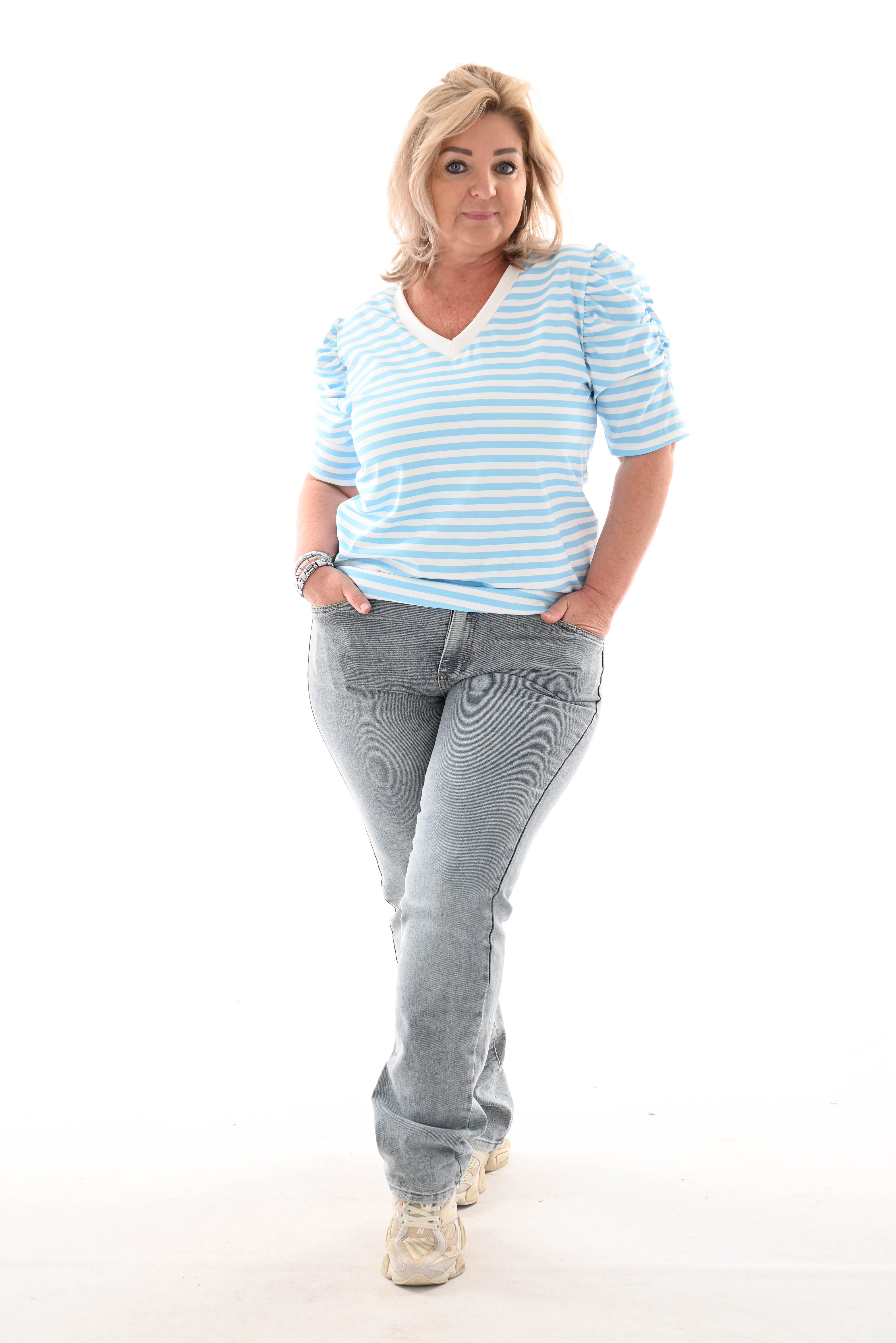 Shirt korte pofmouwen gestreept blauw