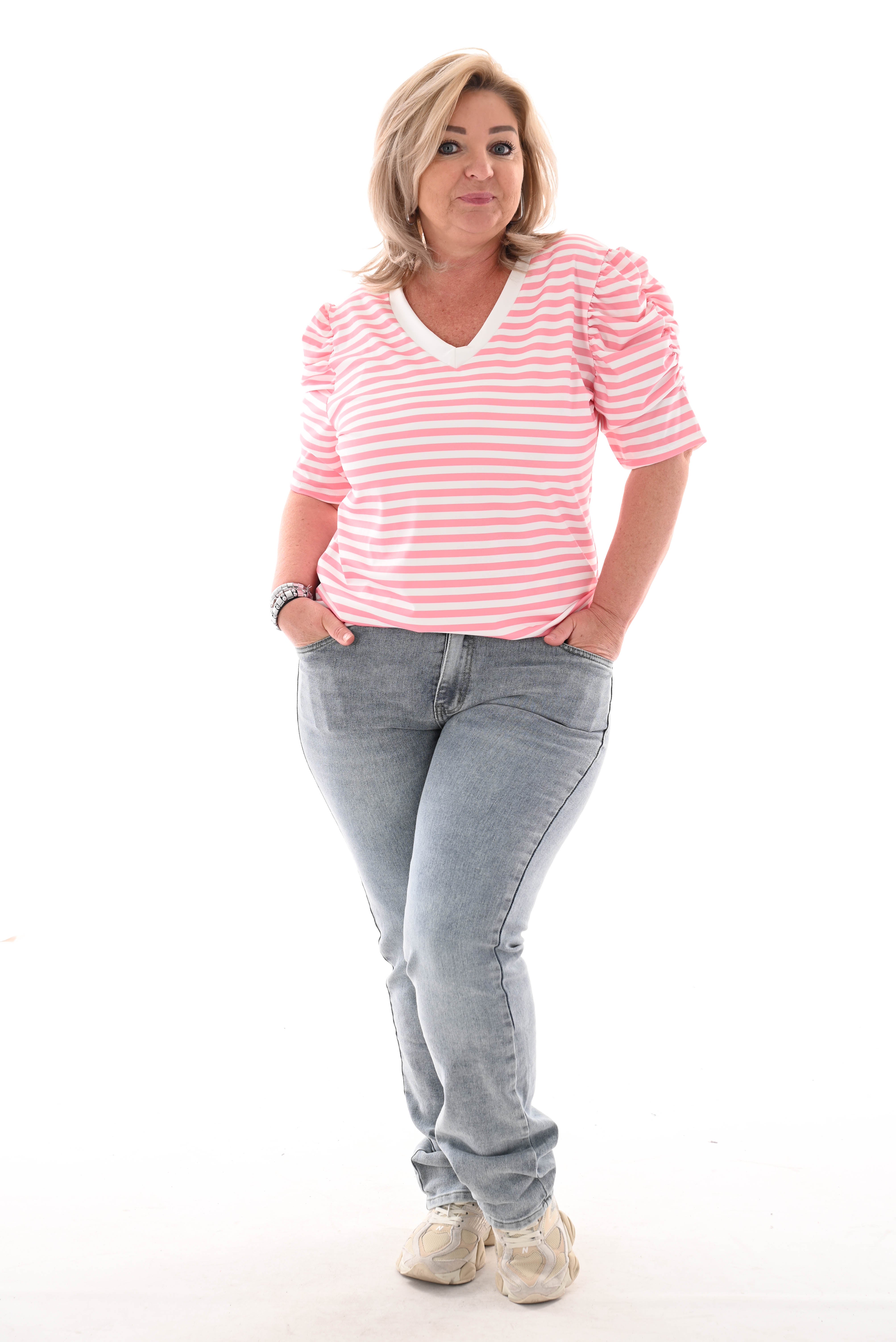 Shirt korte pofmouwen gestreept zalm